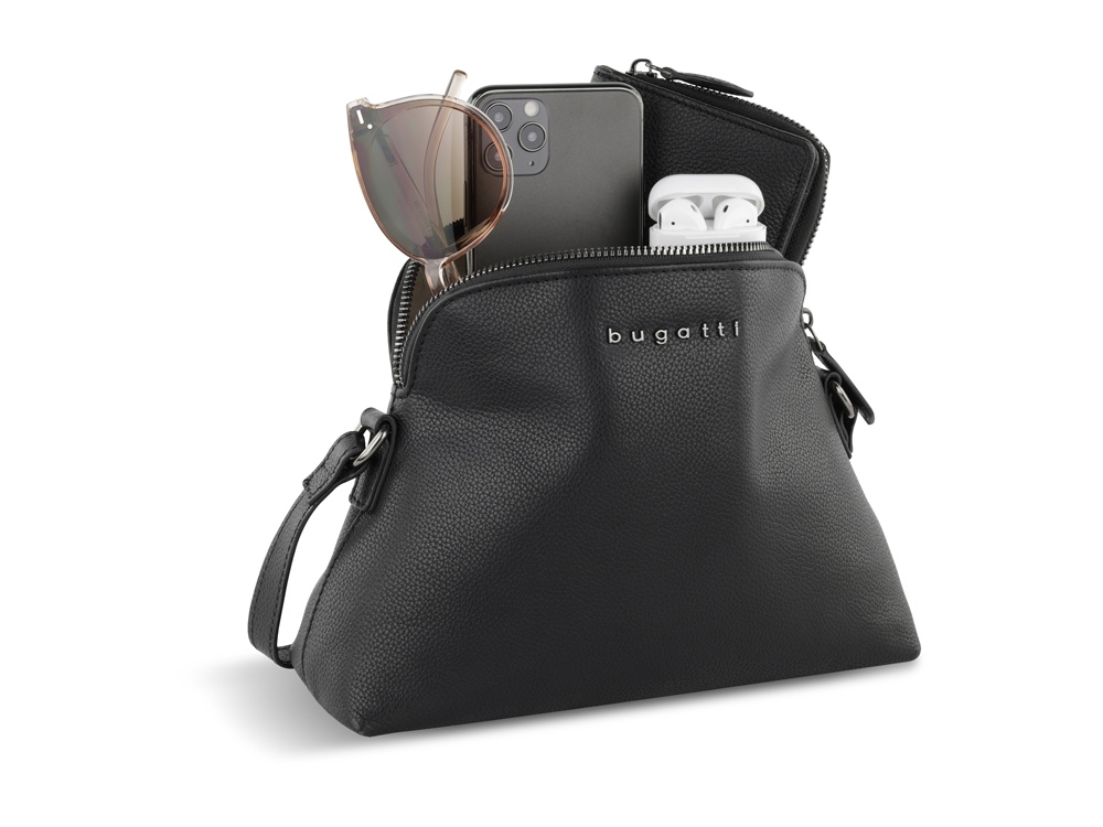 Сумка наплечная женская BUGATTI БЕЛЛА | BELLA, чёрная, воловья кожа/полиэстер, 23х8х17 см