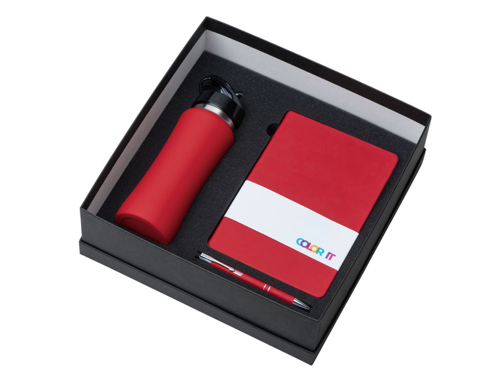 Подарочный набор с блокнотом С3, металлической ручкой и бутылкой для воды, красный