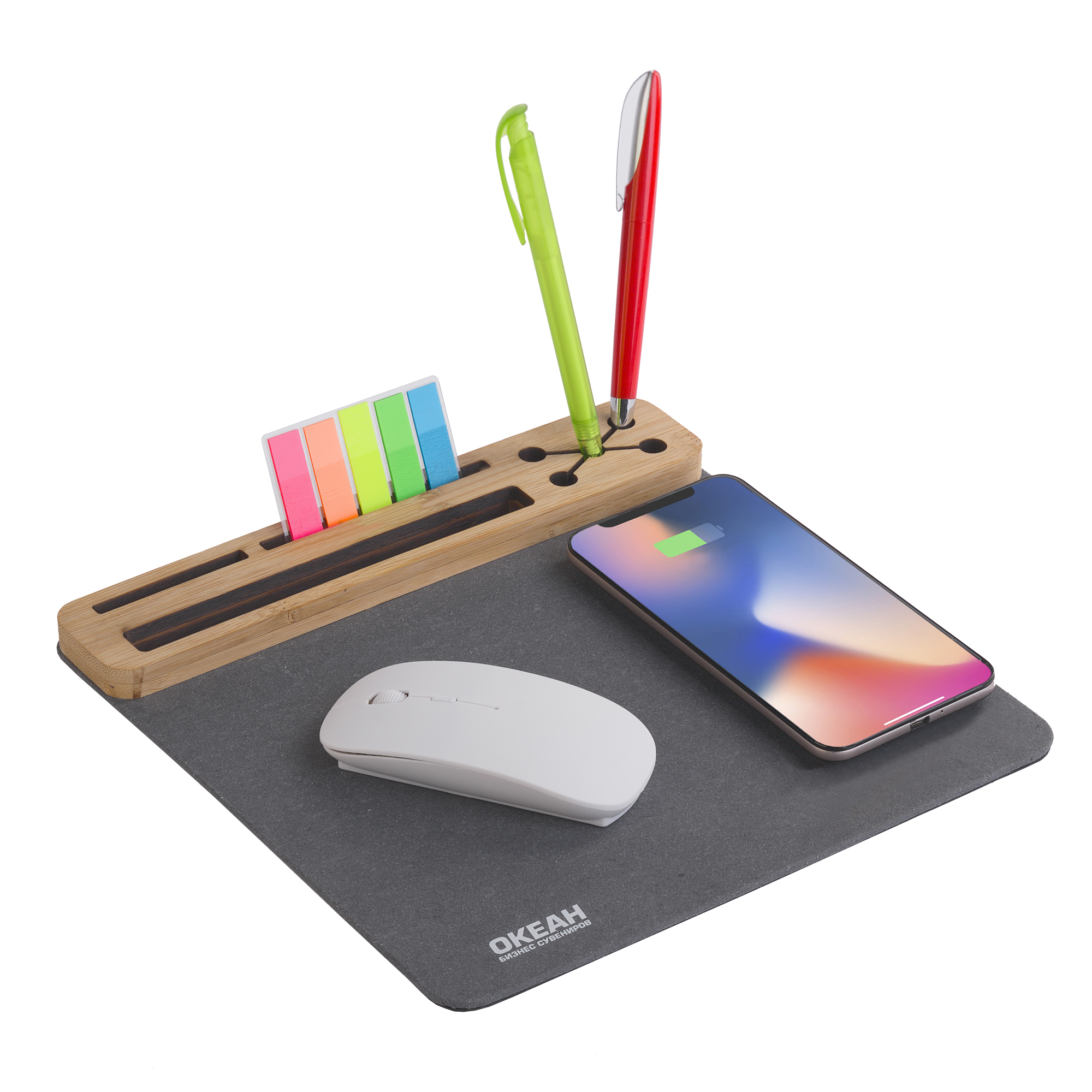 Настольная подставка с беспроводным зарядным устройством, переработанная кожа/бамбук фото на сайте Print Logo.