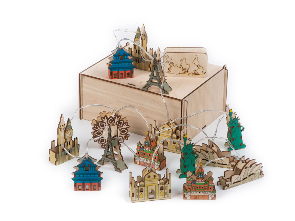 Ёлочная гирлянда с лампами в подарочной коробке Достопримечательности мира с логотипом  | Print Logo