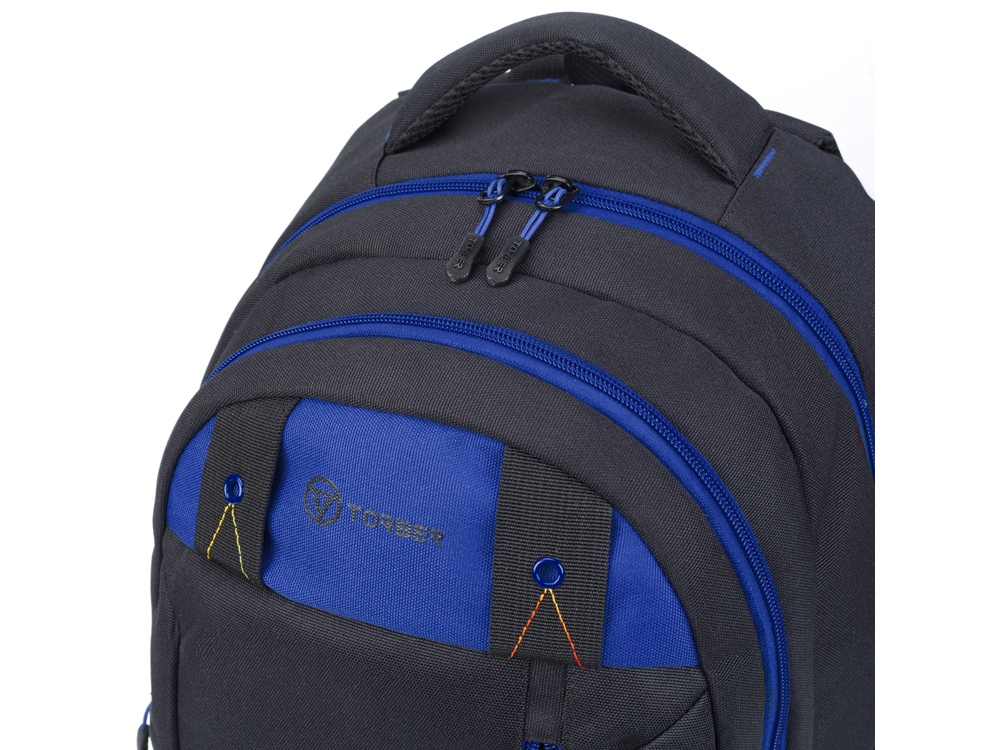 Рюкзак TORBER КЛАСС, черный с синей вставкой, полиэстер 900D, 45 x 32 x 16 см
