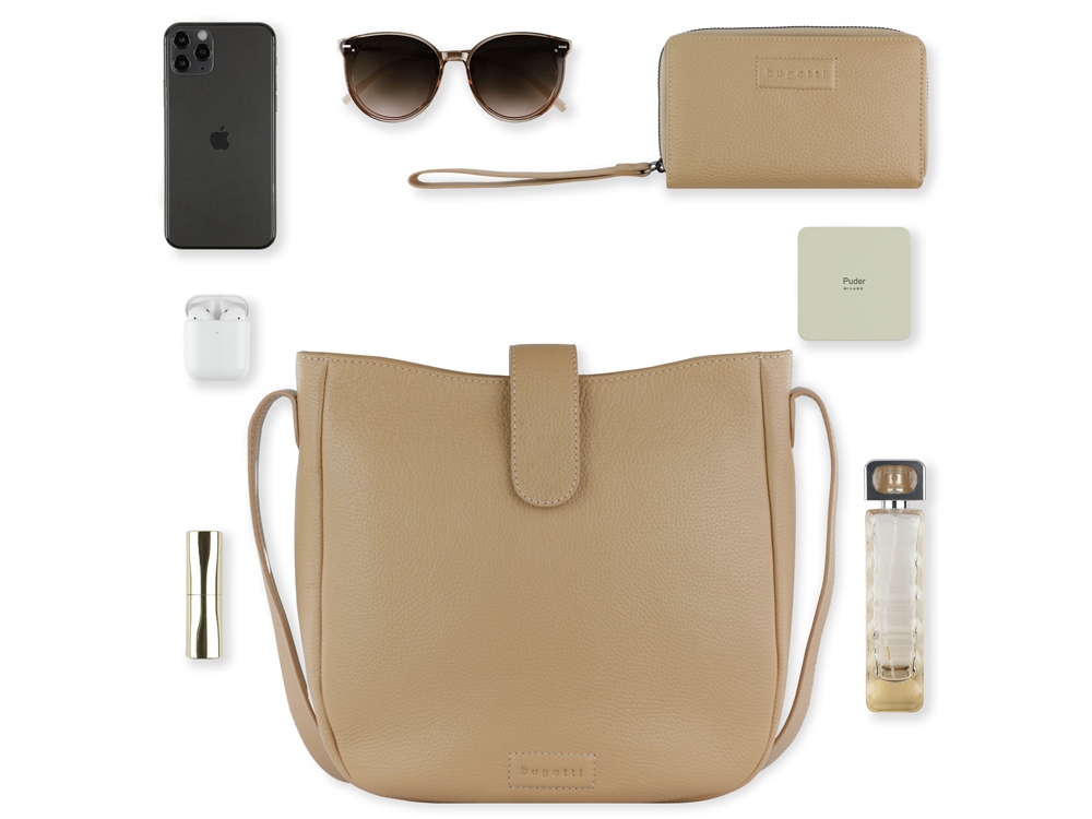 Сумка женская BUGATTI ЭЛЬЗА | ELSA, песочного цвета, воловья кожа/полиэстер, 29х8х27 см