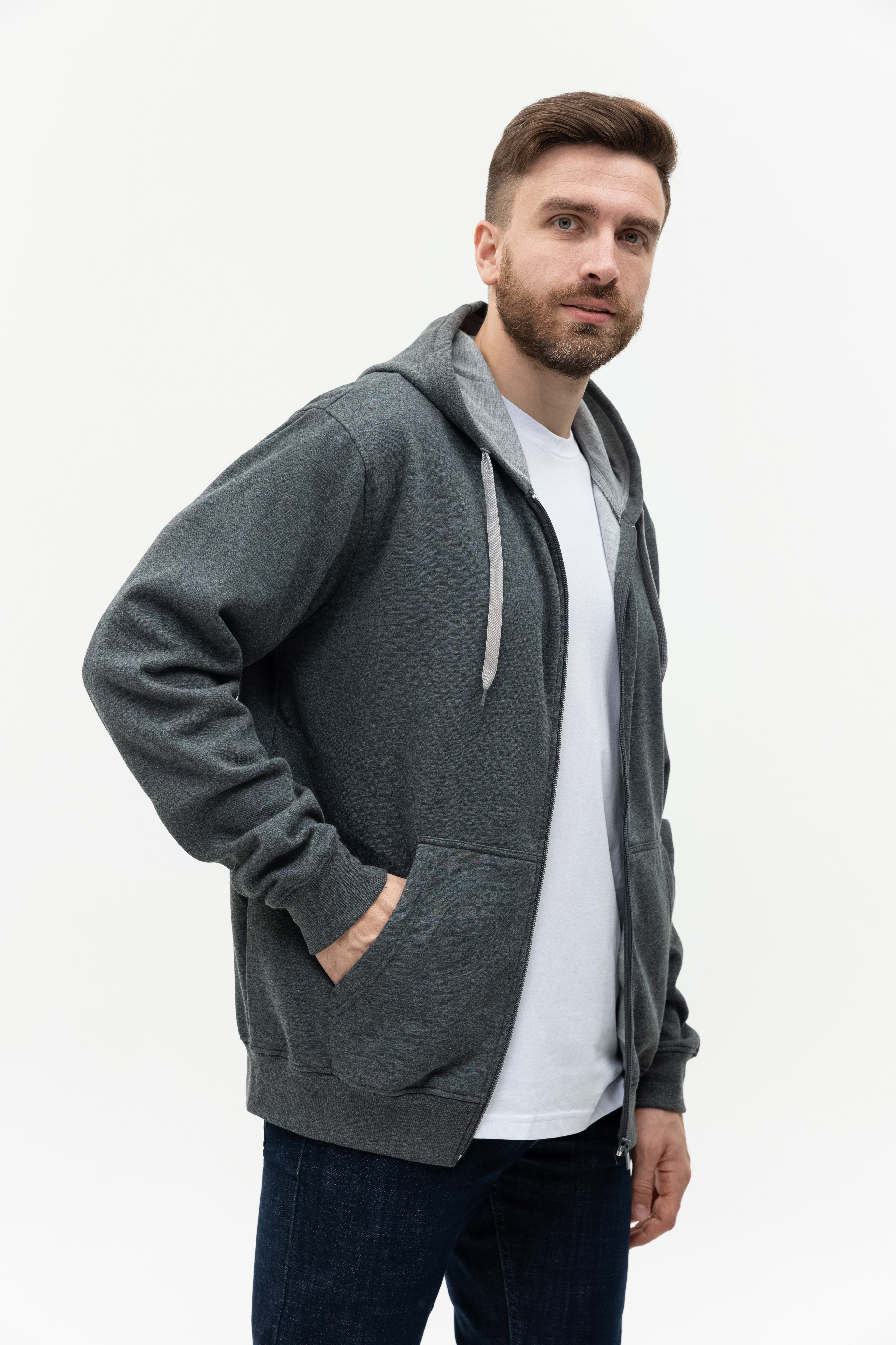 Толстовка мужская STAN с капюшоном на молнии футер с начёсом 280, 17, Тёмный меланж,  (60/1)  (52/XL)