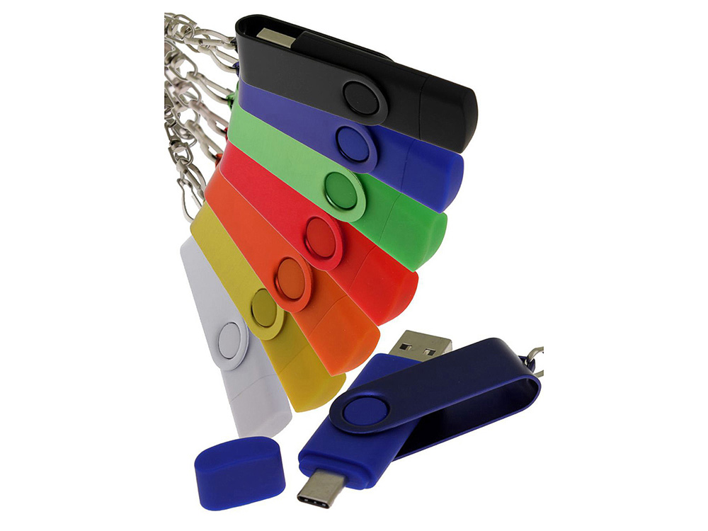 USB-флешка на 8 Гб 2 в 1 поворотный механизм, c дополнительным разъемом Type-C с одноцветным металлическим клипом, желтый