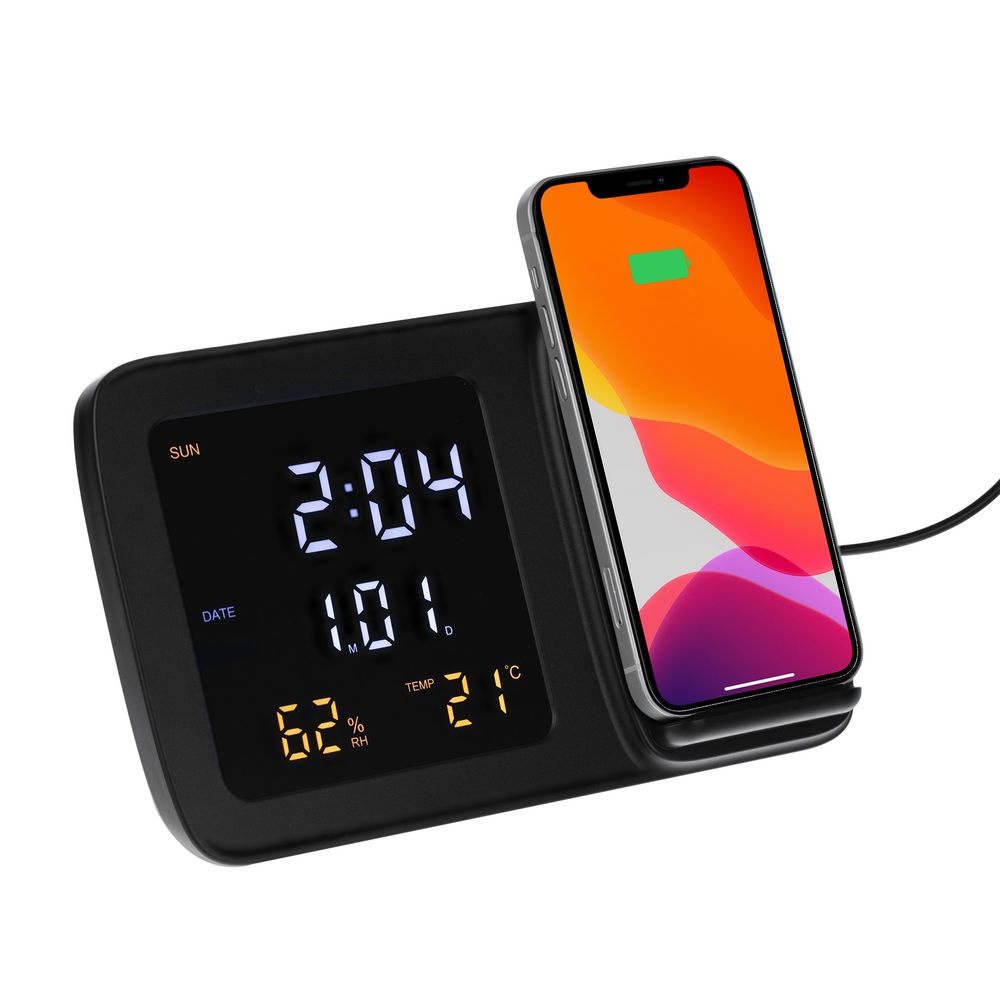 Станция беспроводной зарядки с часами и календарем и подсветкой логотипа Novem с логотипом Uniscend | Print Logo