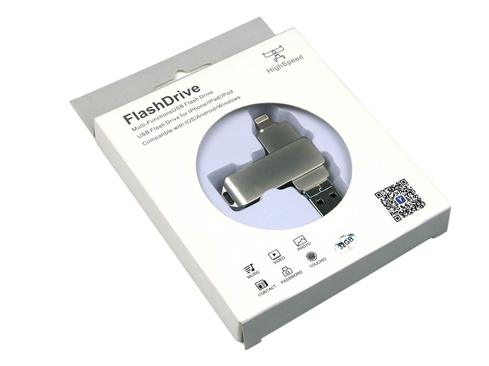USB-флешка на 64 Гб, интерфейс USB3.0, поворотный механизм,c дополнительными разъемами для I-phone Lightning и Micro USB,  полностью металлический корпус, серебро