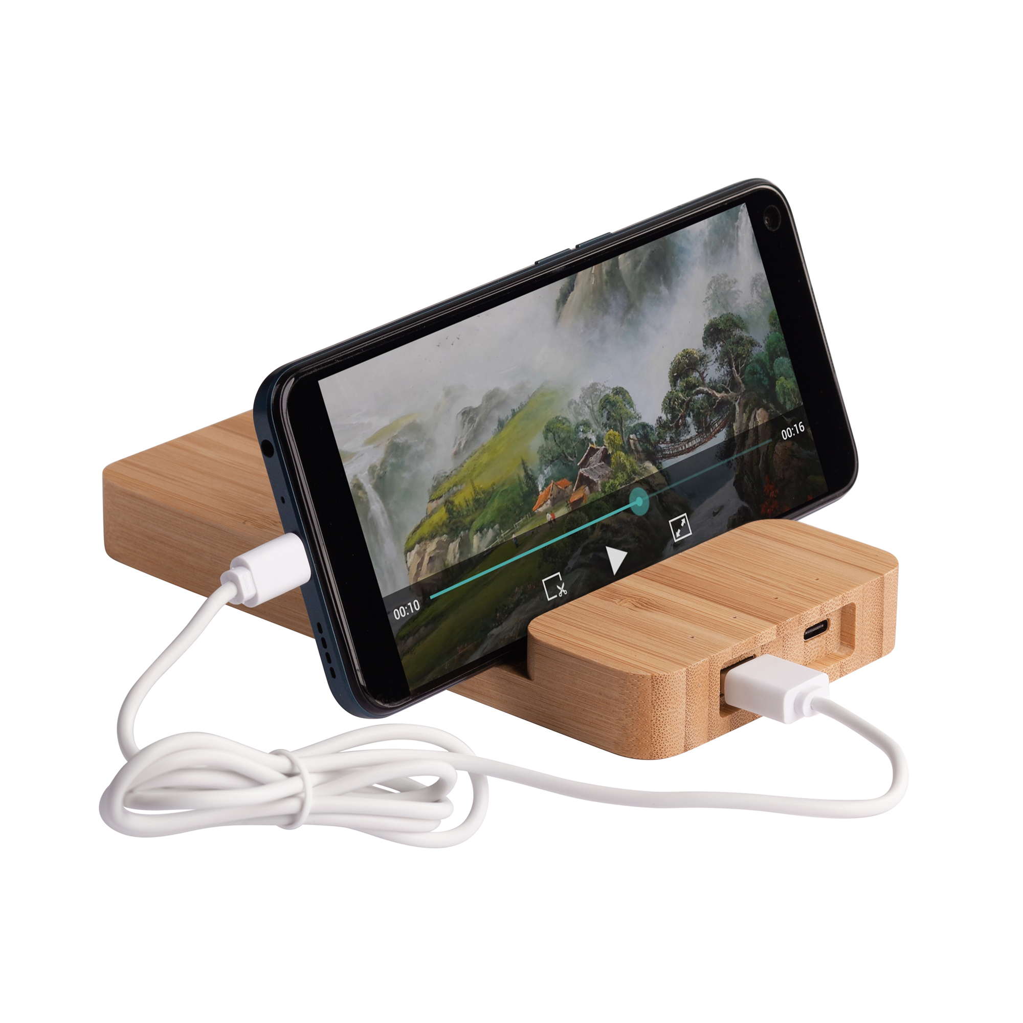 Беспроводное (10W) зарядное устройство "Bamboo Power" 5000 mAh с подставкой под смартфон, бамбук фото на сайте Print Logo.