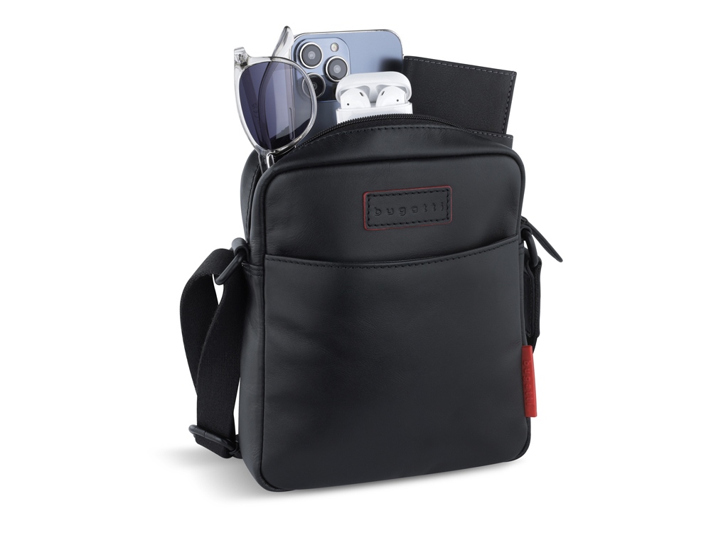 Сумка наплечная мужская BUGATTI КЛАРК | CLARK, чёрная, воловья кожа/полиэстер, 18х5,5х20 см, 2 л