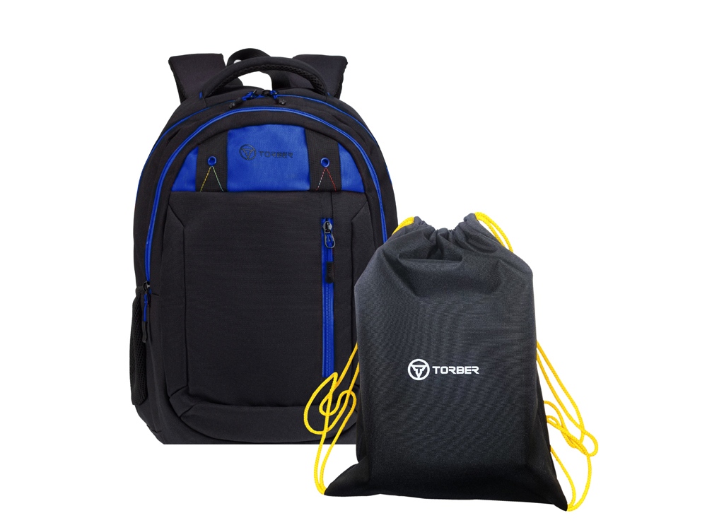 Рюкзак TORBER КЛАСС, черный с синей вставкой, полиэстер 900D, 45 x 32 x 16 см