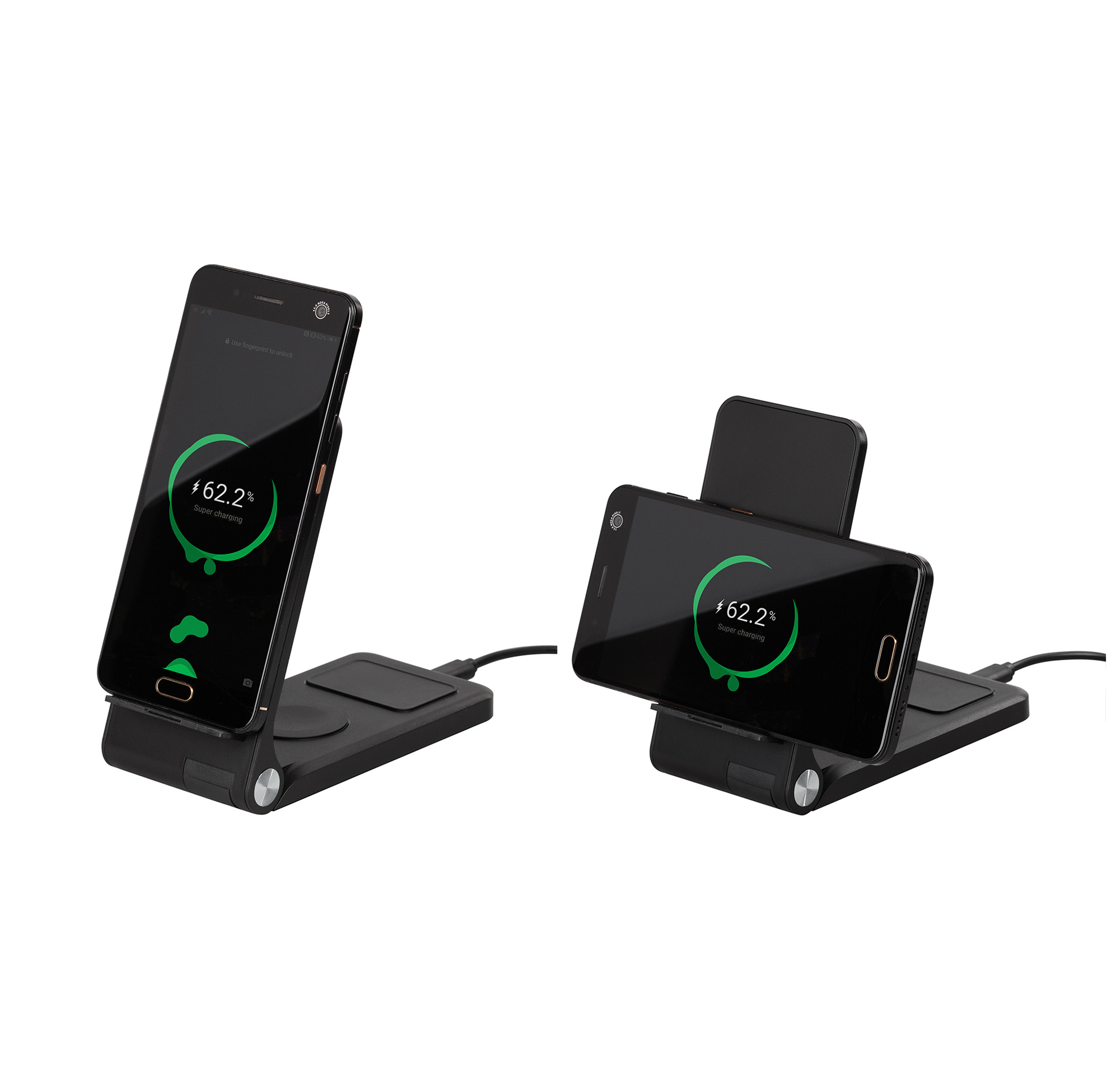 Складная беспроводная (15W) зарядная станция "Clap" с подсветкой логотипа и подставкой для смартфона фото на сайте Print Logo.