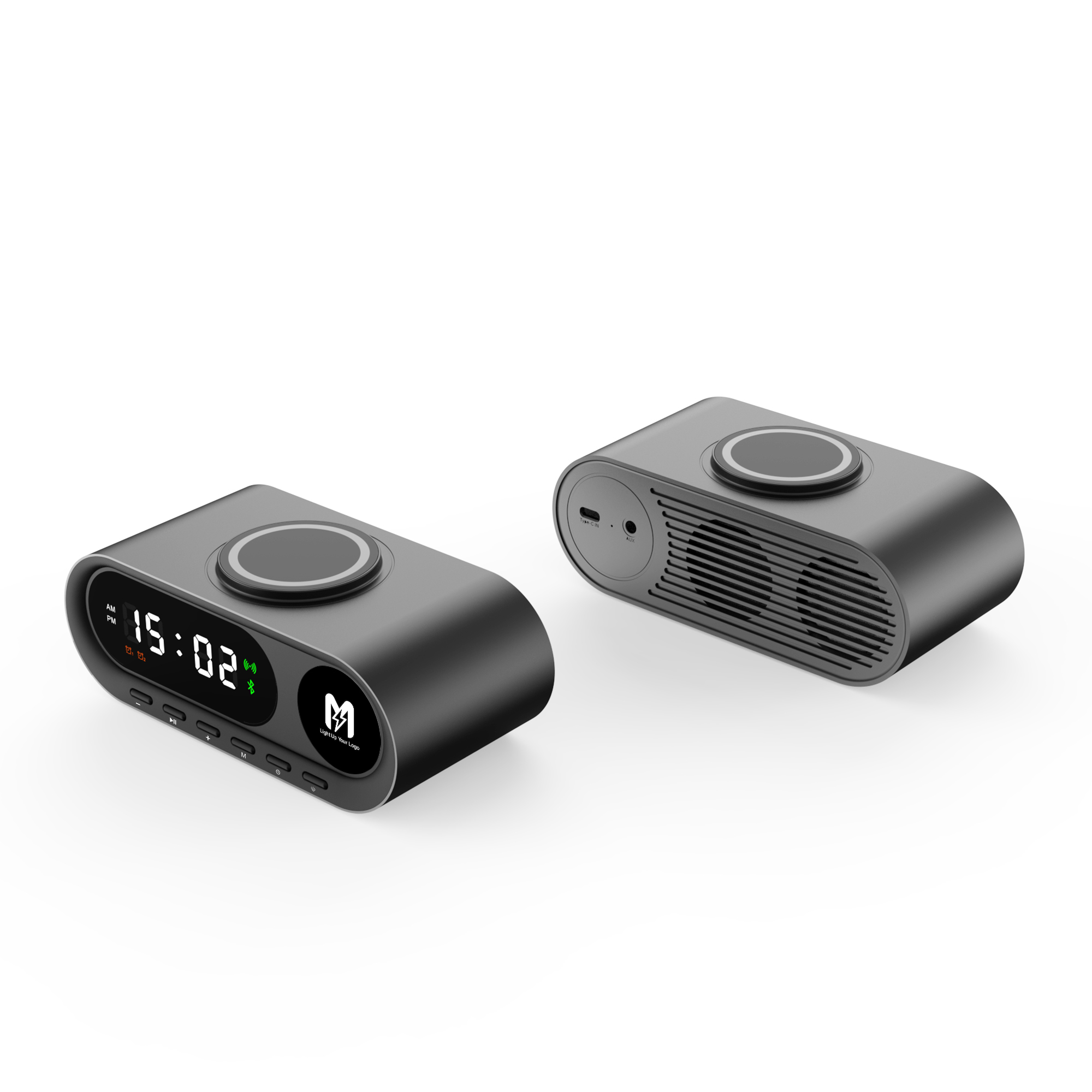 Настольные часы "Smart Hub" с bluetooth колонкой 5Вт, беспроводной (15W) зарядкой и подсветкой логотипа фото на сайте Print Logo.
