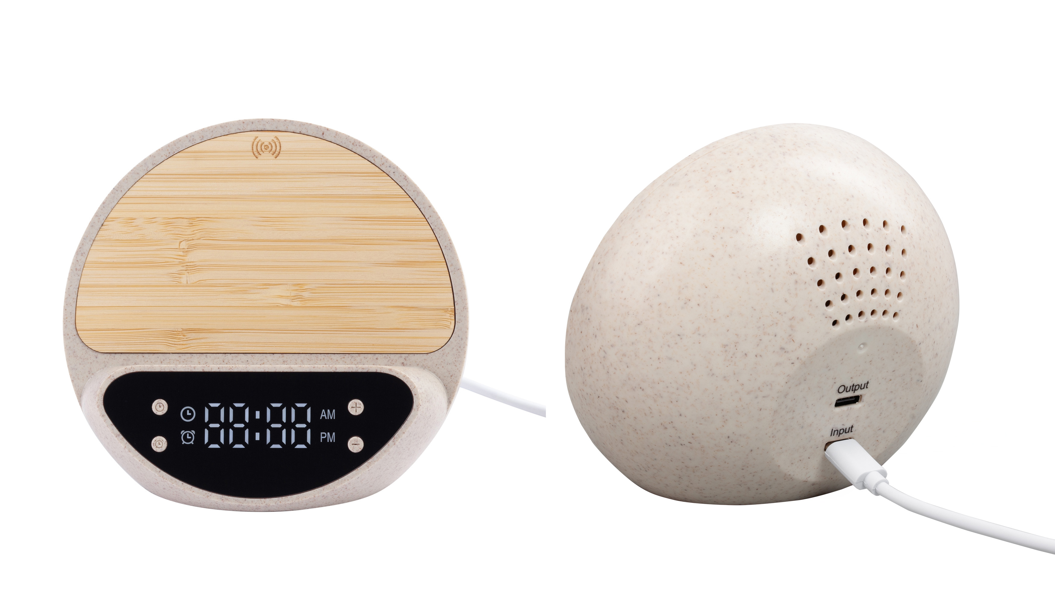 Настольные часы "Smiley" с беспроводным (10W) зарядным устройством и будильником, пшеница/бамбук/пластик, бежевый