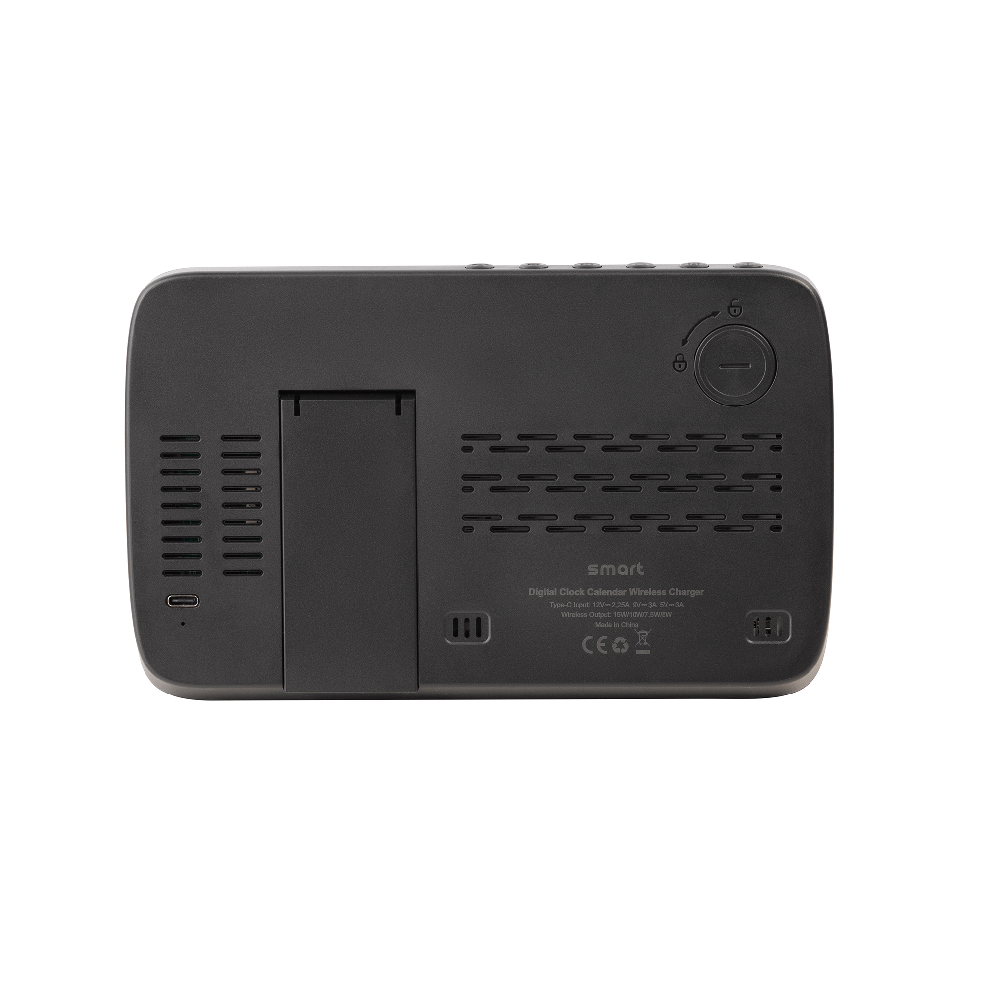 Настольные часы "Smart Screen" с беспроводным (15W) зарядным устройством, гигрометром, термометром, календарём, с подсветкой логотипа фото на сайте Print Logo.