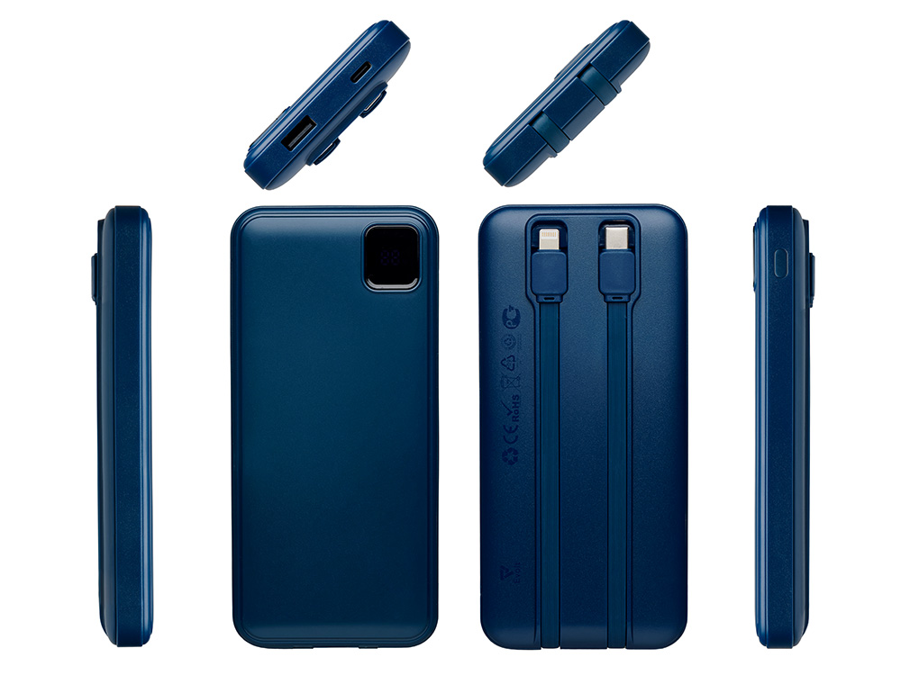 Внешний аккумулятор со встроенными кабелями Фрэйм, 10000мач, темно-синий