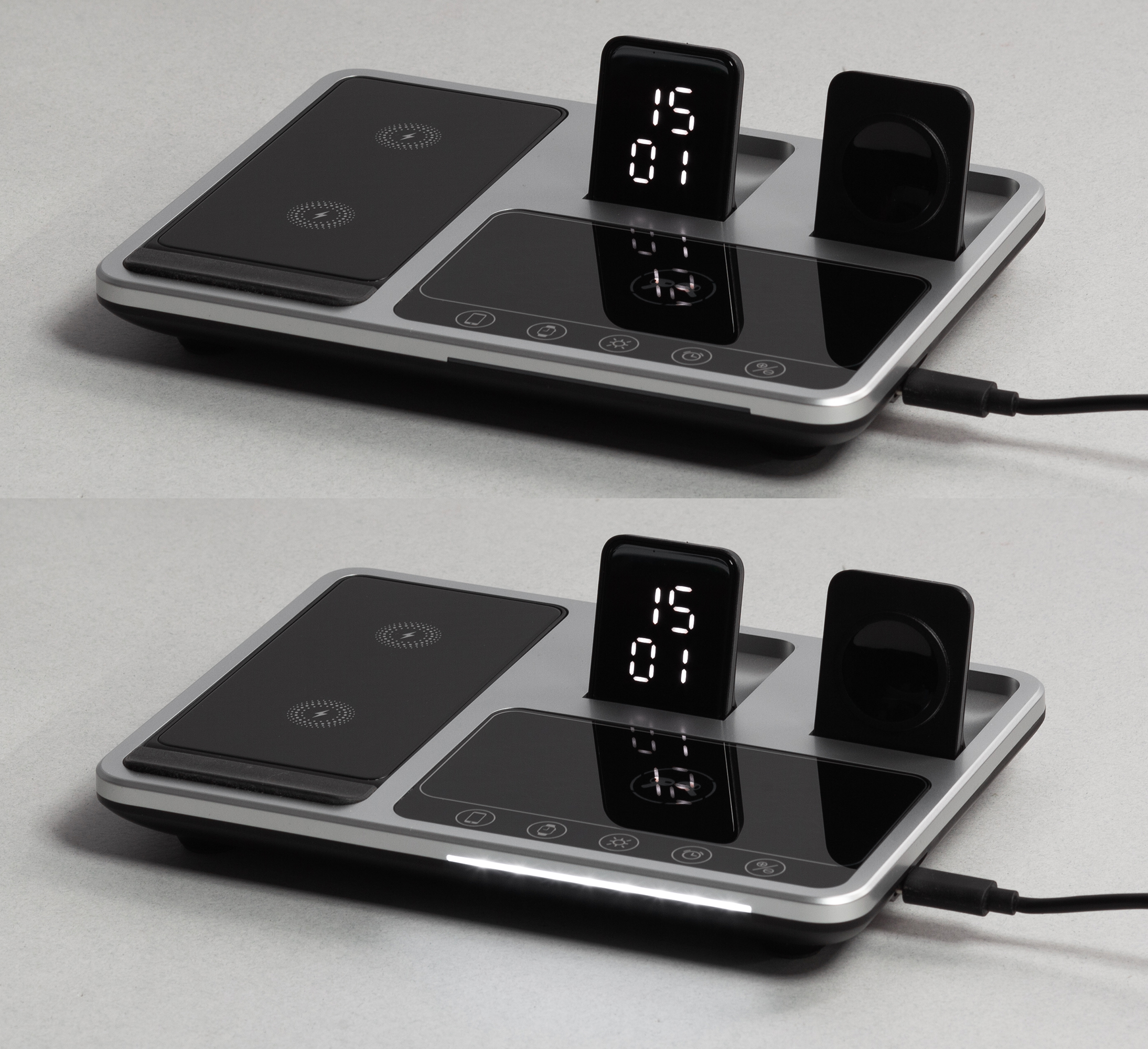 Беспроводная (15W) зарядная станция "Smart Lift" с сенсорным подъёмным механизмом, часами и ночной подсветкой, черный с серебристым