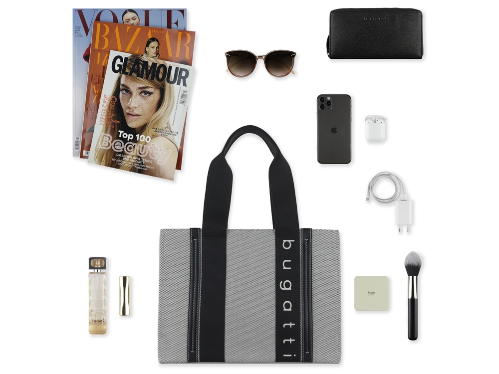 Сумка-тоут женская BUGATTI АМБРА | AMBRA, серо-черный цвет, хлопок/полиэстер, 36,5х19х27 см