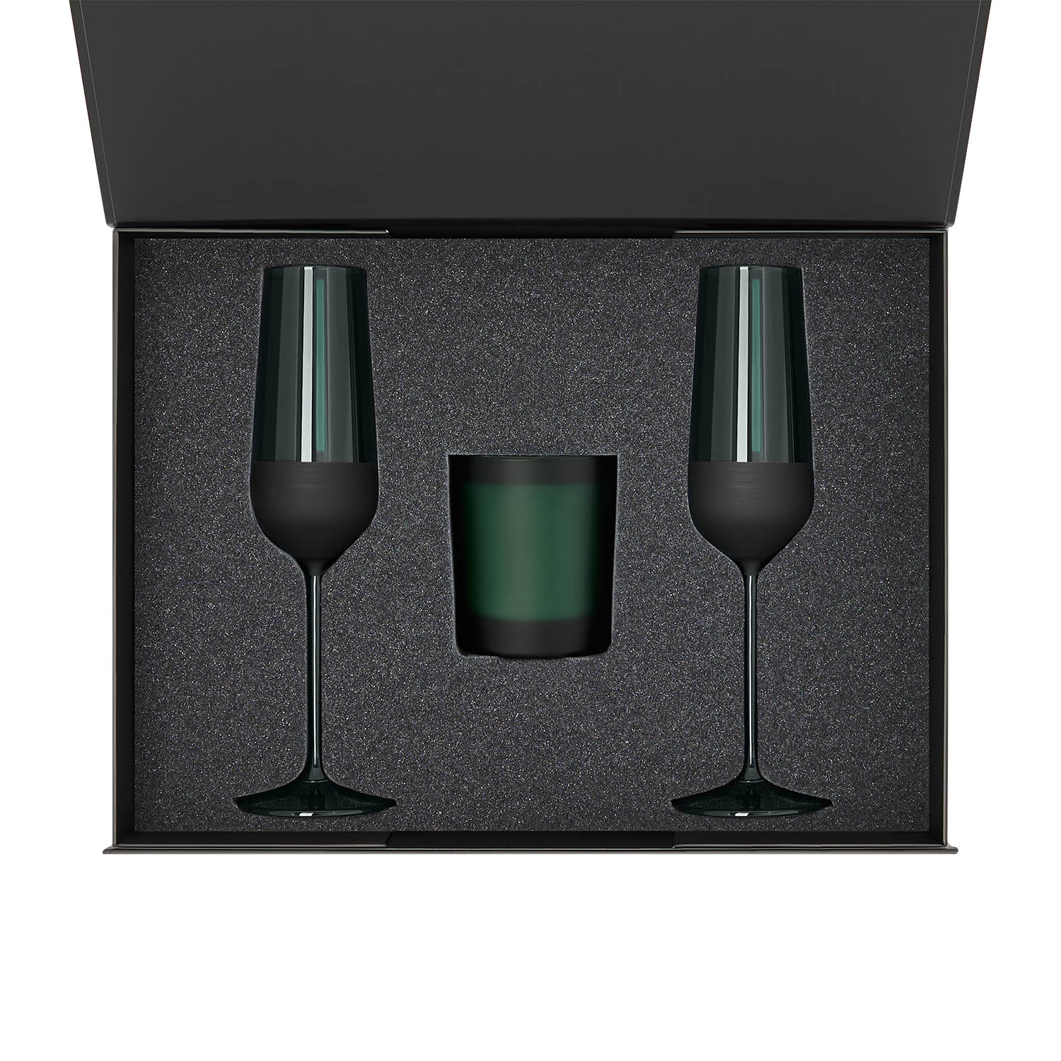 Ложемент под свечу Энигма (Enigma) + 2 бокала для шампанского в среднюю коробку-трансформер (арт. 695721) — пример нанесения логотипа (Portobello подарочная упаковка) | Print Logo