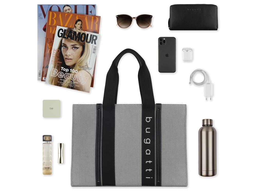 Сумка-тоут женская BUGATTI АМБРА | AMBRA, серо-черный цвет, хлопок/полиэстер, 45х14х32 см