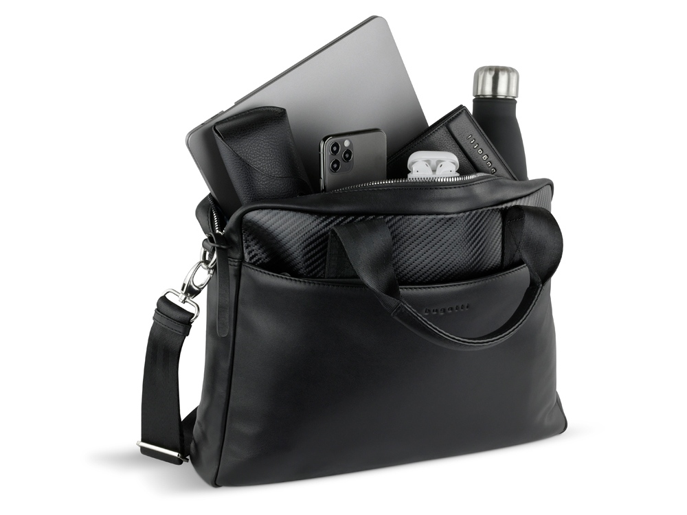 Портфель мужской BUGATTI КОМЕТА | COMET, чёрный, воловья кожа/полиэстер, 37х6х27 см