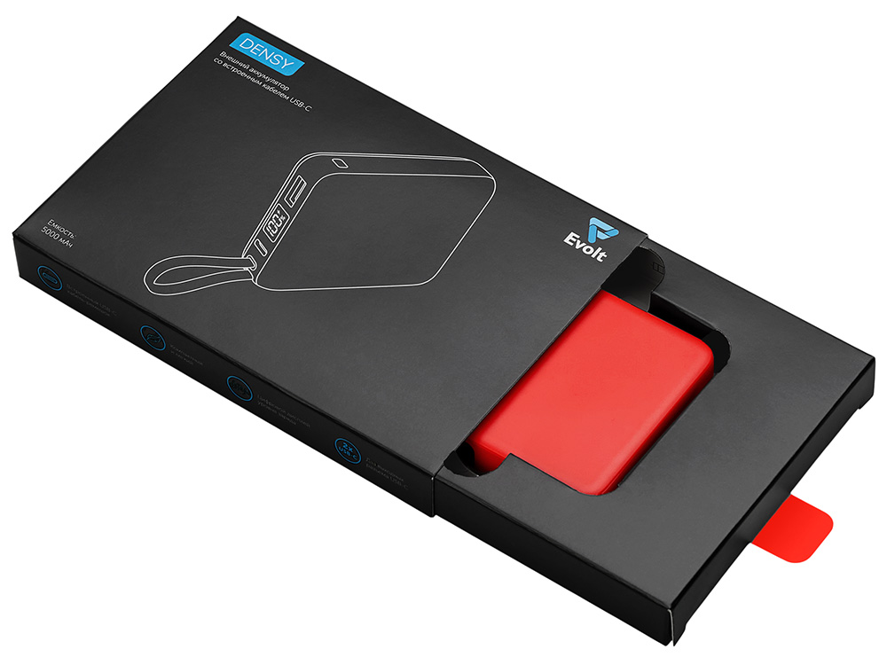 Внешний аккумулятор со встроенным кабелем USB-C Дэнси, 5000 мАч, красный