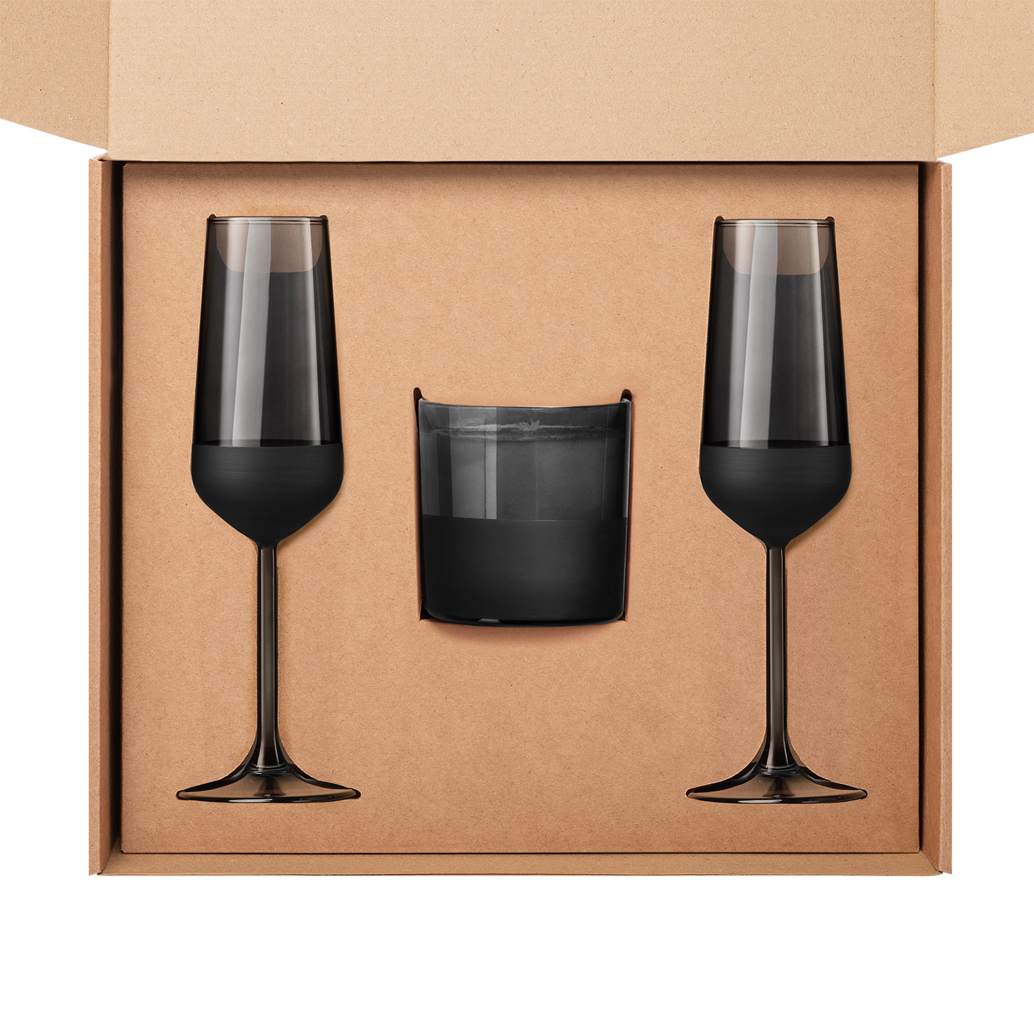 Доп. ложемент под свечу (арт. 73077)  + 2 бокала для шампанского в универсальную коробку (арт. 21006.020) — пример нанесения логотипа (Portobello подарочная упаковка) | Print Logo