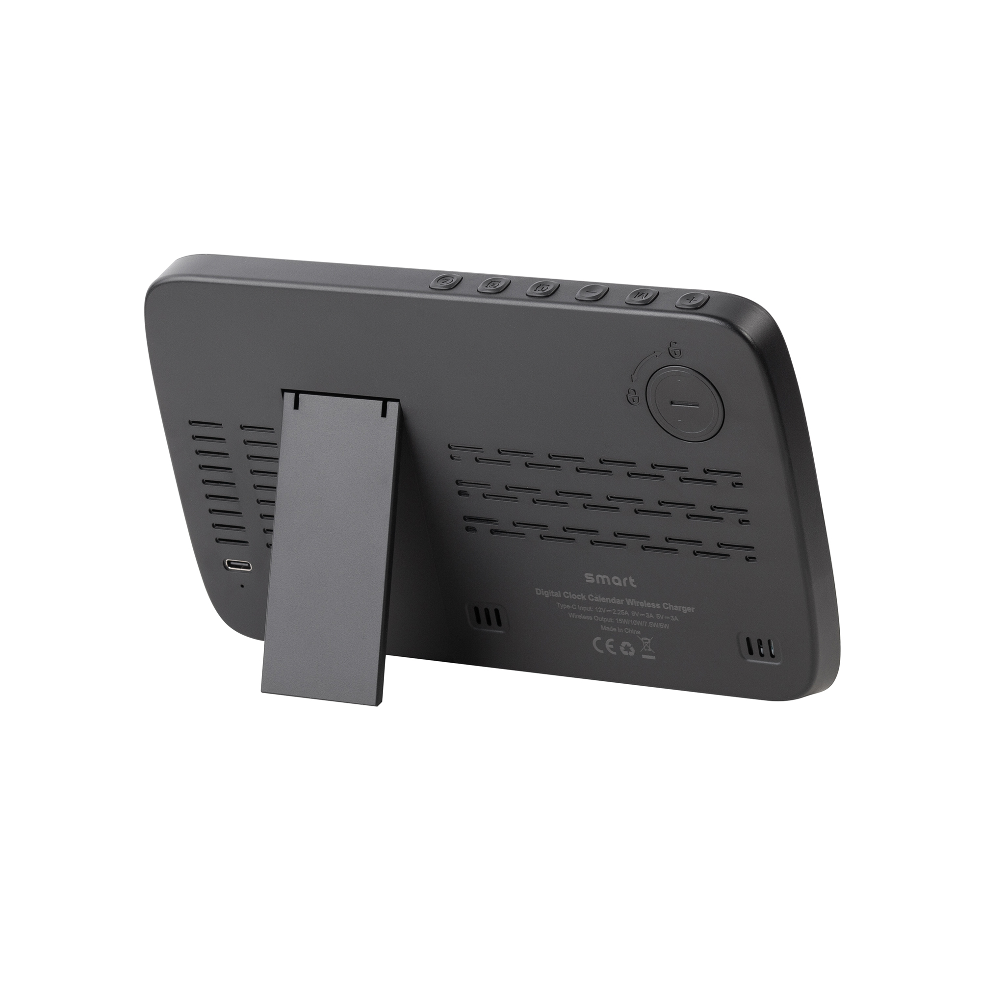 Настольные часы "Smart Screen" с беспроводным (15W) зарядным устройством, гигрометром, термометром, календарём, с подсветкой логотипа фото на сайте Print Logo.