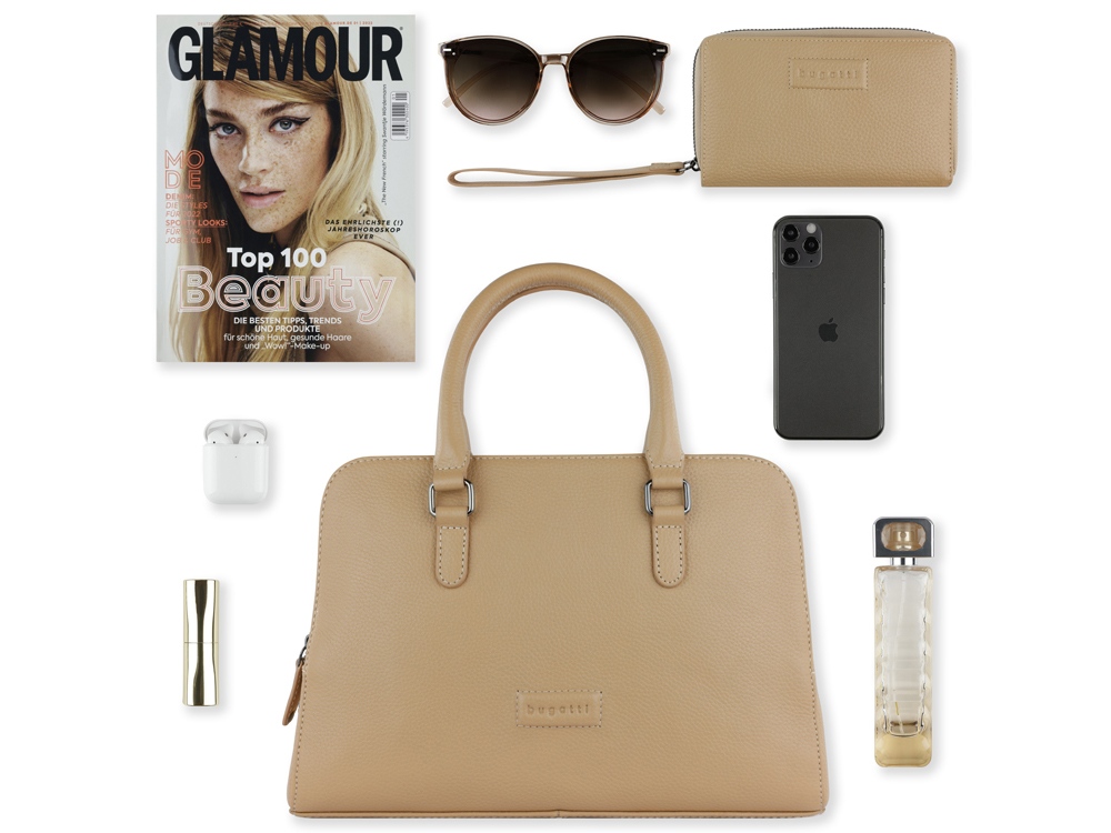 Сумка женская BUGATTI ЭЛЬЗА | ELSA, песочного цвета, воловья кожа/полиэстер, 32х13х22 см