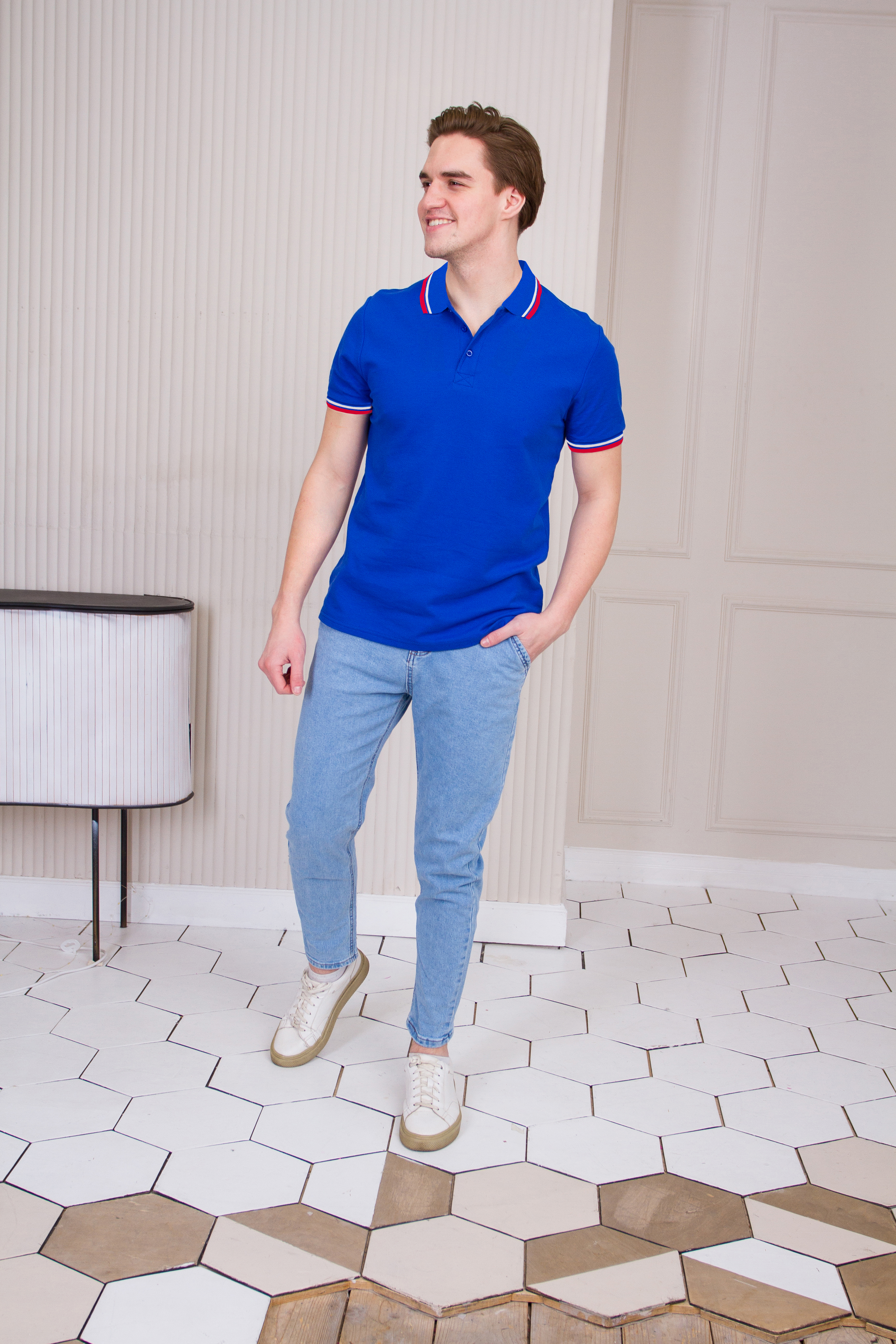 Рубашка поло мужская триколор STAN хлопок/полиэстер 185, 04RUS, Красный,  (14)  (48/M)