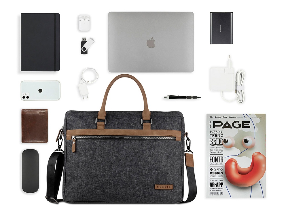 Портфель мужской BUGATTI Luce 15'', серый, полиэстер, 40х10х31,5 см