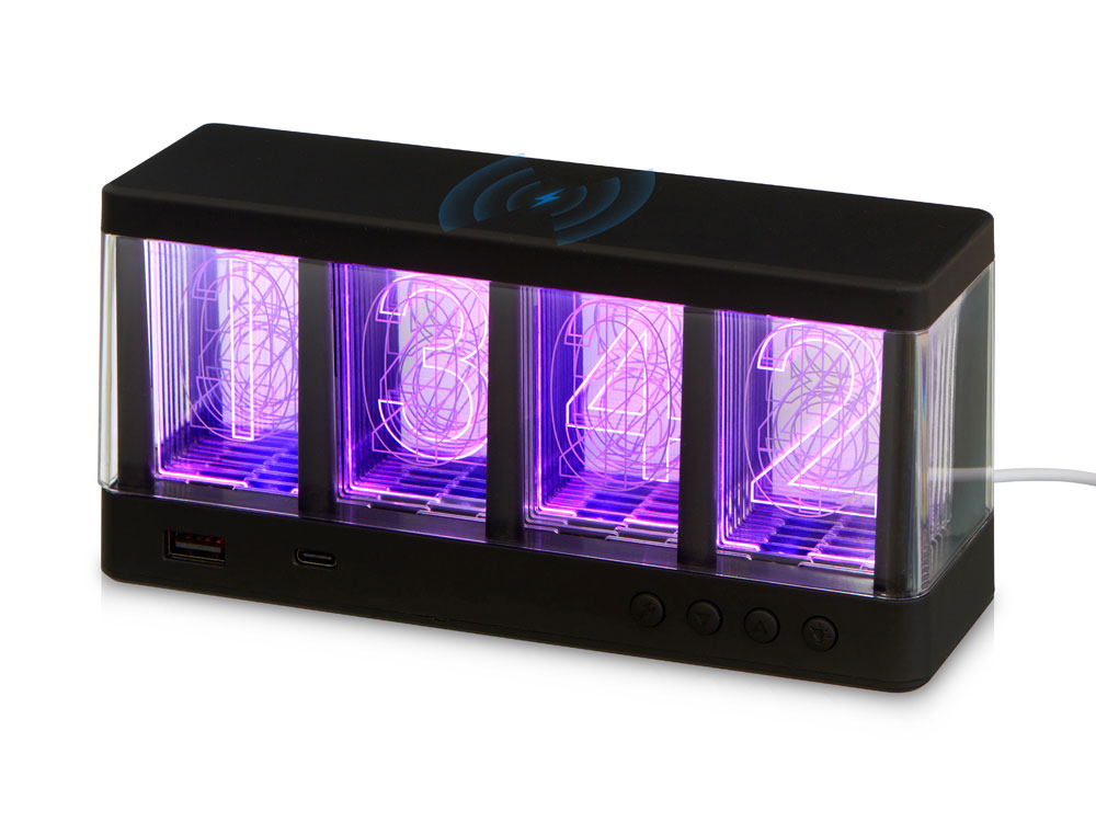 Часы с LED-подсветкой и беспроводной зарядкой Cyber, 10 Вт с логотипом  | Print Logo