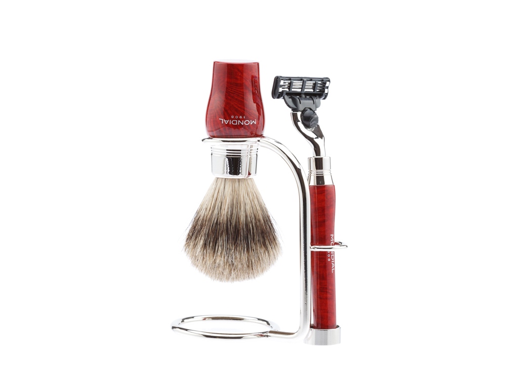 Бритвенный набор Mondial: станок MACH3, помазок, подставка; корень шиповника