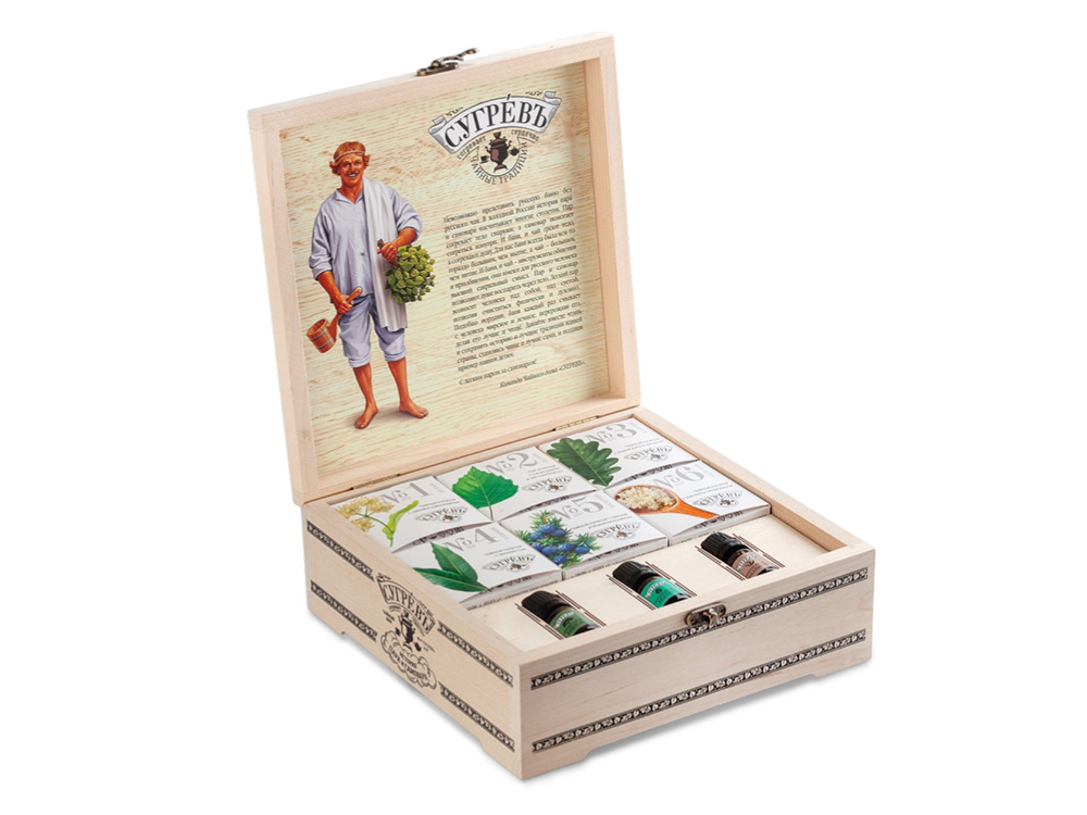 Подарочный набор с чаем и эфирными маслами История пара и самовара в деревянной шкатулке с логотипом СУГРЕВЪ | Print Logo