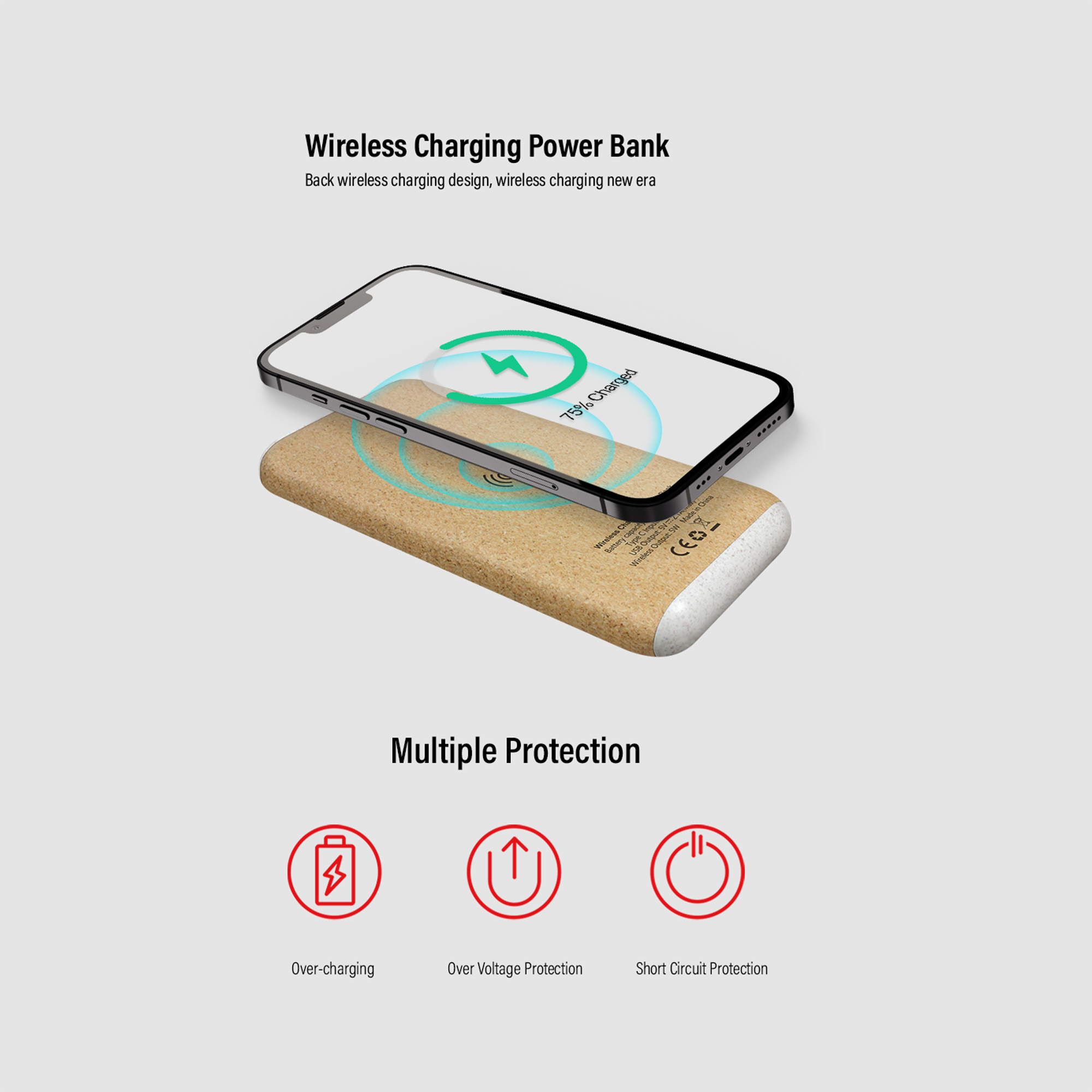 Беспроводное зарядное устройство "Cork Power" 10000 mAh, пластик/пшеничное волокно/пробка фото на сайте Print Logo.