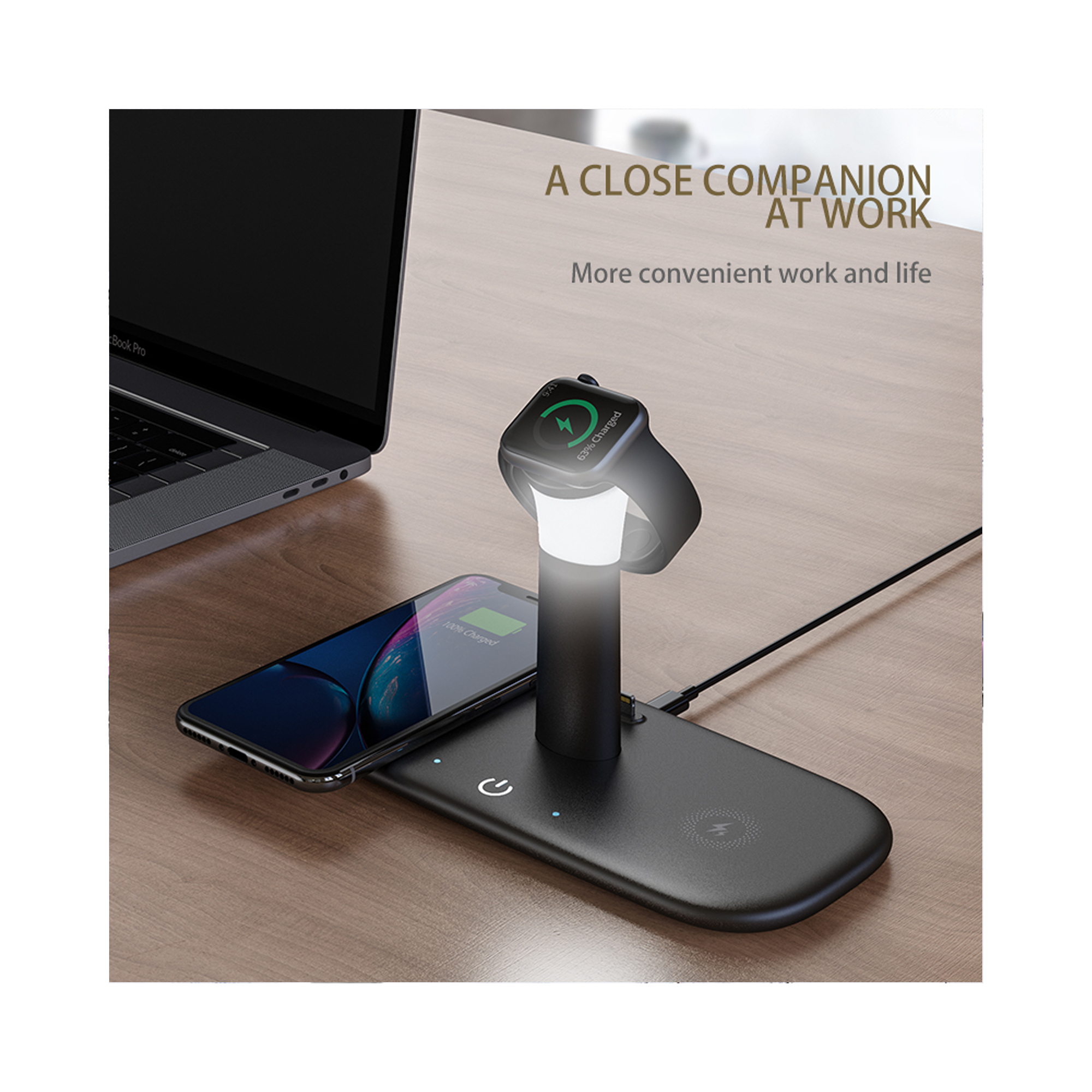 Настольная беспроводная (15W) зарядная станция "Bridge" для часов, наушников, смартфонов, с лампой фото на сайте Print Logo.