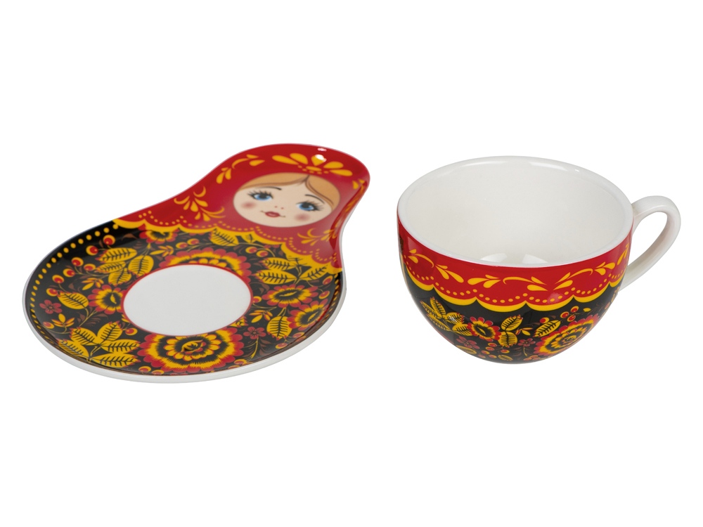 Набор Моя Россия: чайно-кофейная пара Матрешка, хохлома и книга Россия на русском языке