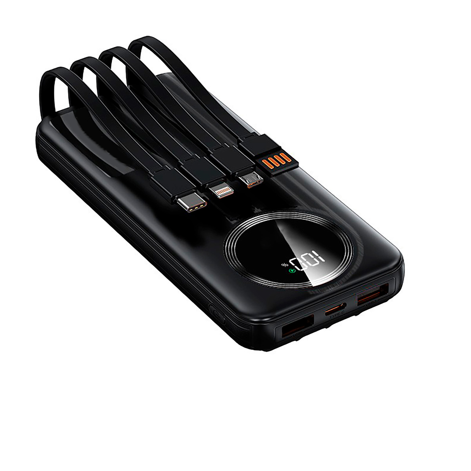 Зарядное устройство "Phantom" 10000 mAh с 4мя встроенными кабелями и цифровым индикатором заряда, черный