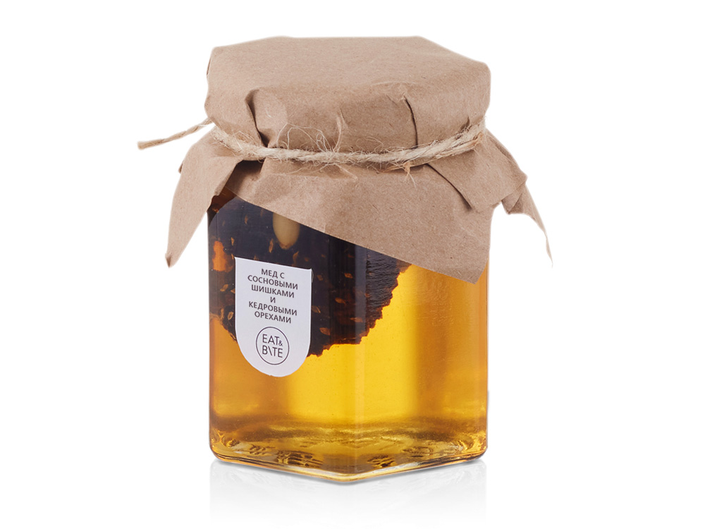 Мед с сосновыми шишками и кедровыми орехами с логотипом Eat&Bite | Print Logo