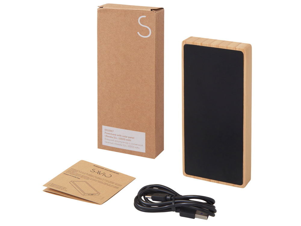 Внешний аккумулятор с подсветкой лого и солнечной панелью Reedia S1, 10000 mAh, бамбук, черный