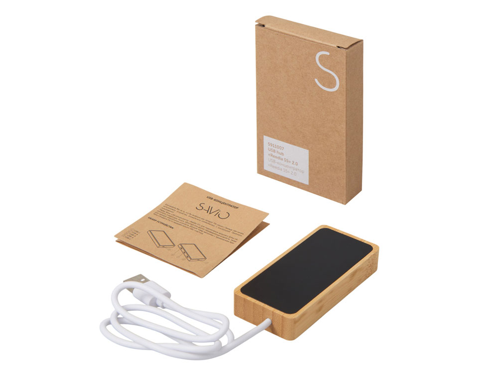 USB хаб с подсветкой лого Reedia S5, 3*USB, 1*Type C, бамбук, черный