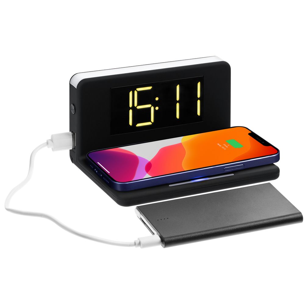 Часы настольные с беспроводным зарядным устройством Pitstop с логотипом Uniscend | Print Logo