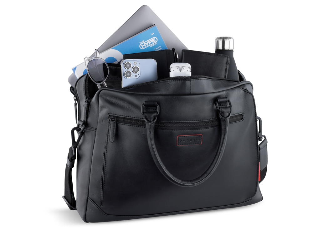 Портфель мужской BUGATTI КЛАРК | CLARK, чёрный, воловья кожа/полиэстер, 40х9,5х29 см, 10 л