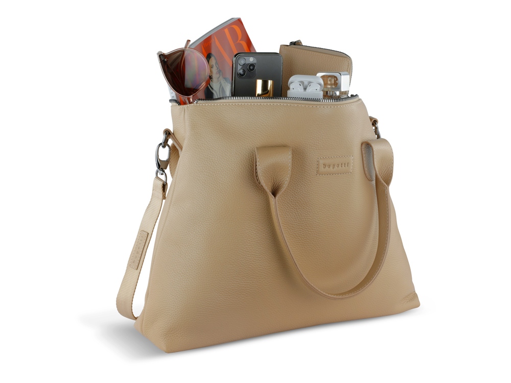 Сумка-шоппер BUGATTI ЭЛЬЗА | ELSA, песочного цвета, воловья кожа/полиэстер, 46х11х31,5 см
