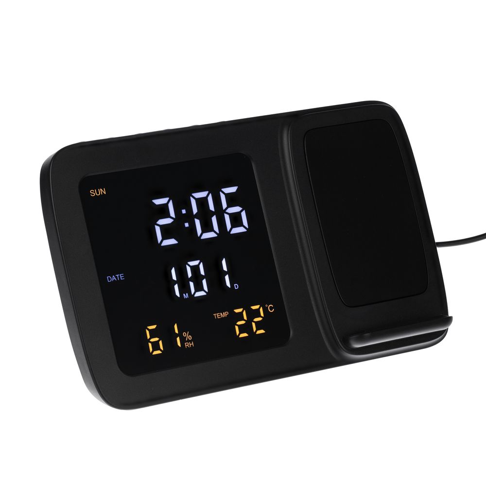 Станция беспроводной зарядки с часами и календарем и подсветкой логотипа Novem — пример нанесения логотипа (Uniscend) | Print Logo