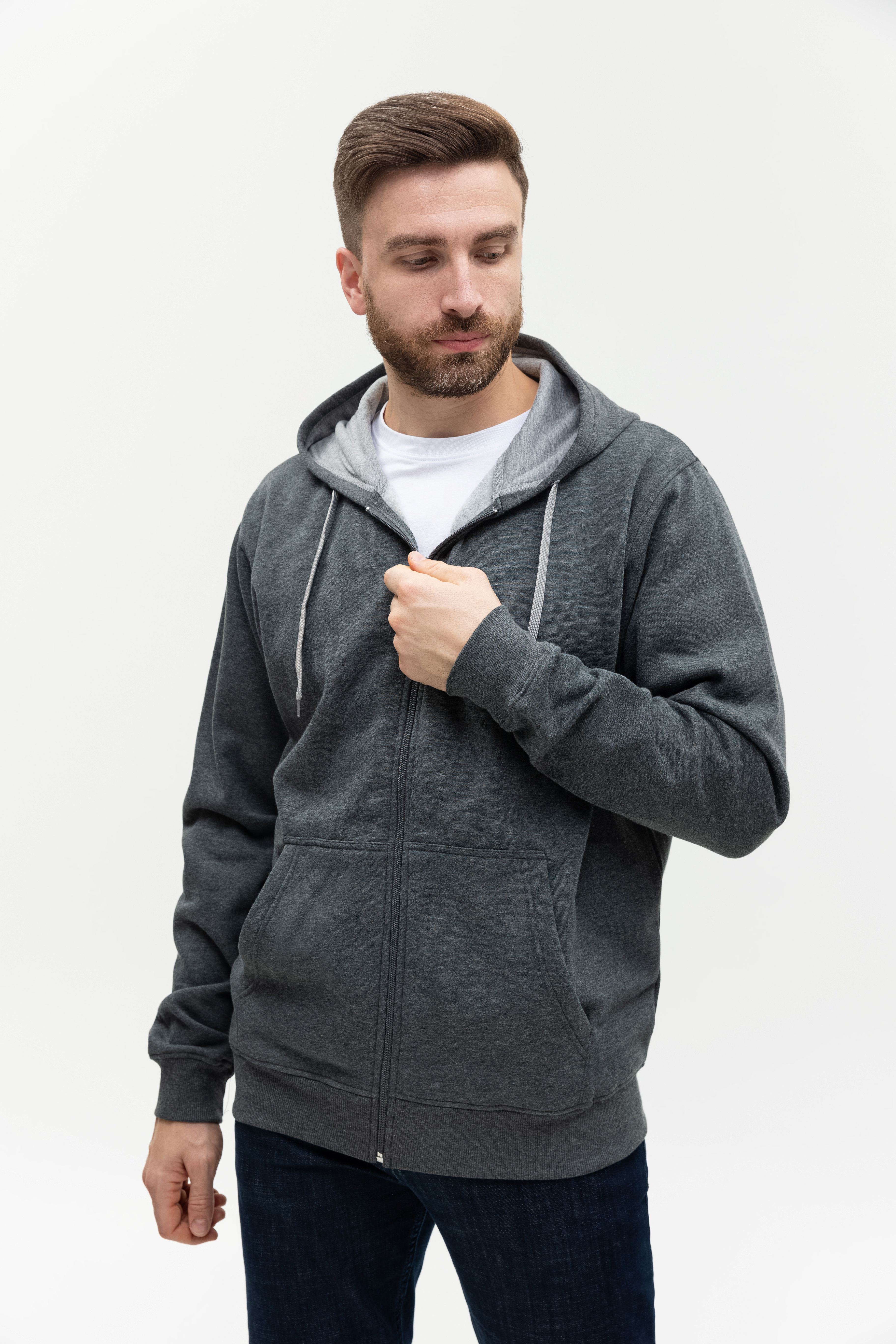 Толстовка мужская STAN с капюшоном на молнии футер с начёсом 280, 17, Тёмный меланж,  (60/1)  (52/XL)