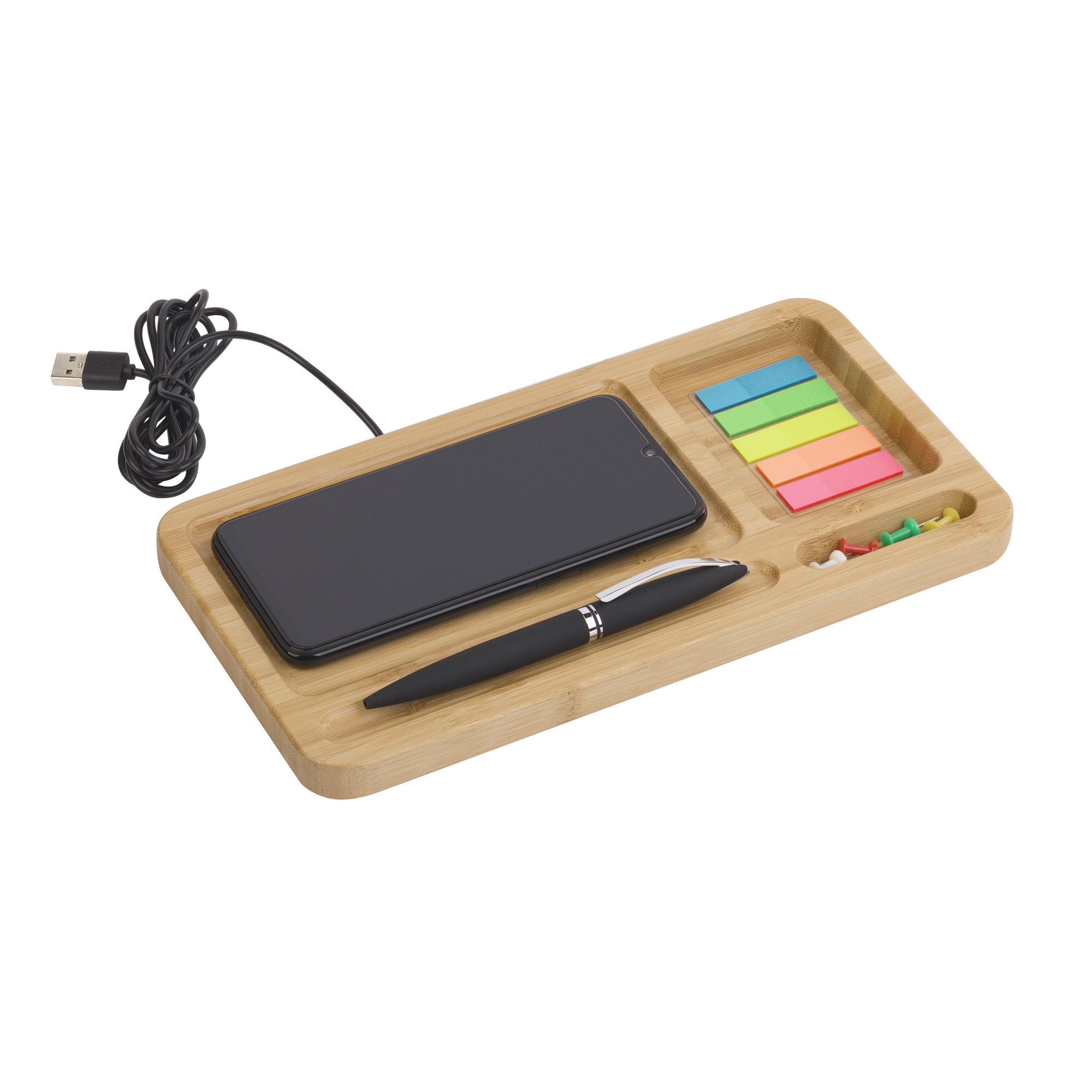 Настольный органайзер "Woodstock" с беспроводным зарядным устройством, бамбук фото на сайте Print Logo.