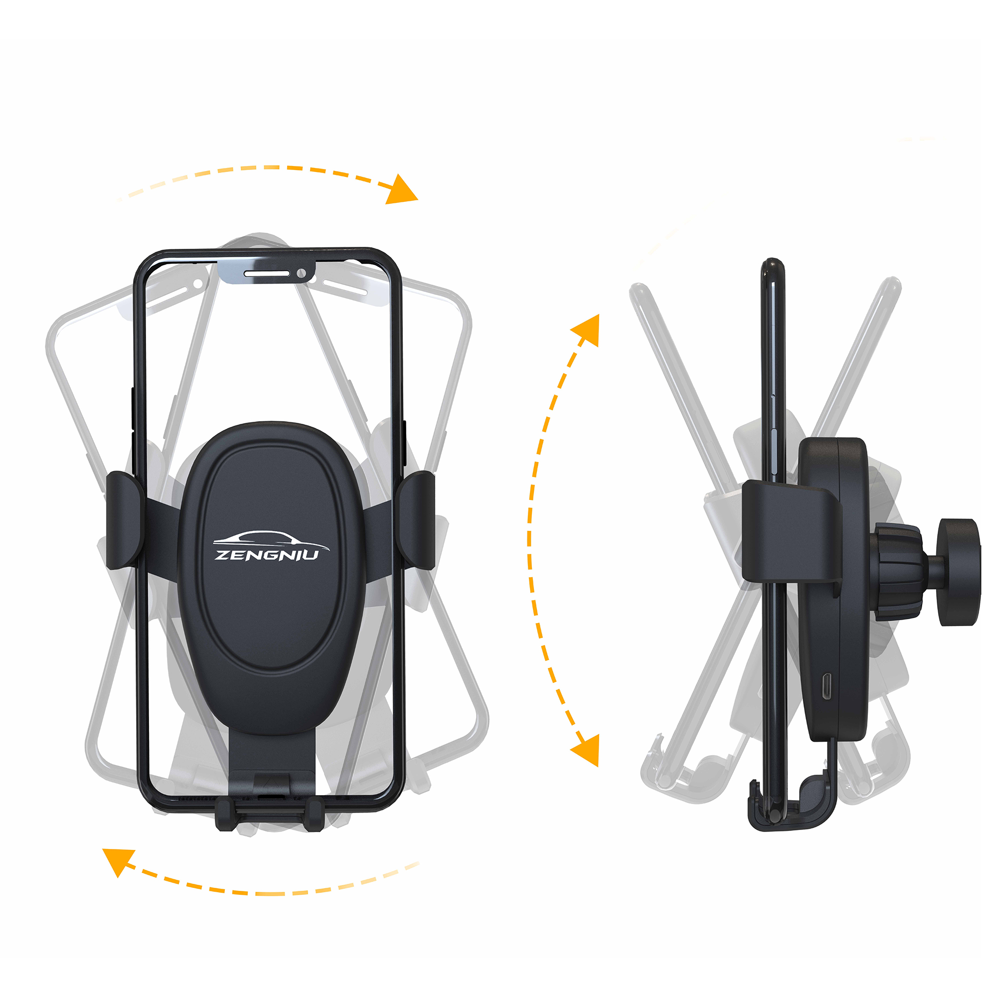 Автомобильное беспроводное (10W) зарядное устройство "Clamp SOFTTOUCH" с подсветкой логотипа, покрытие soft touch фото на сайте Print Logo.