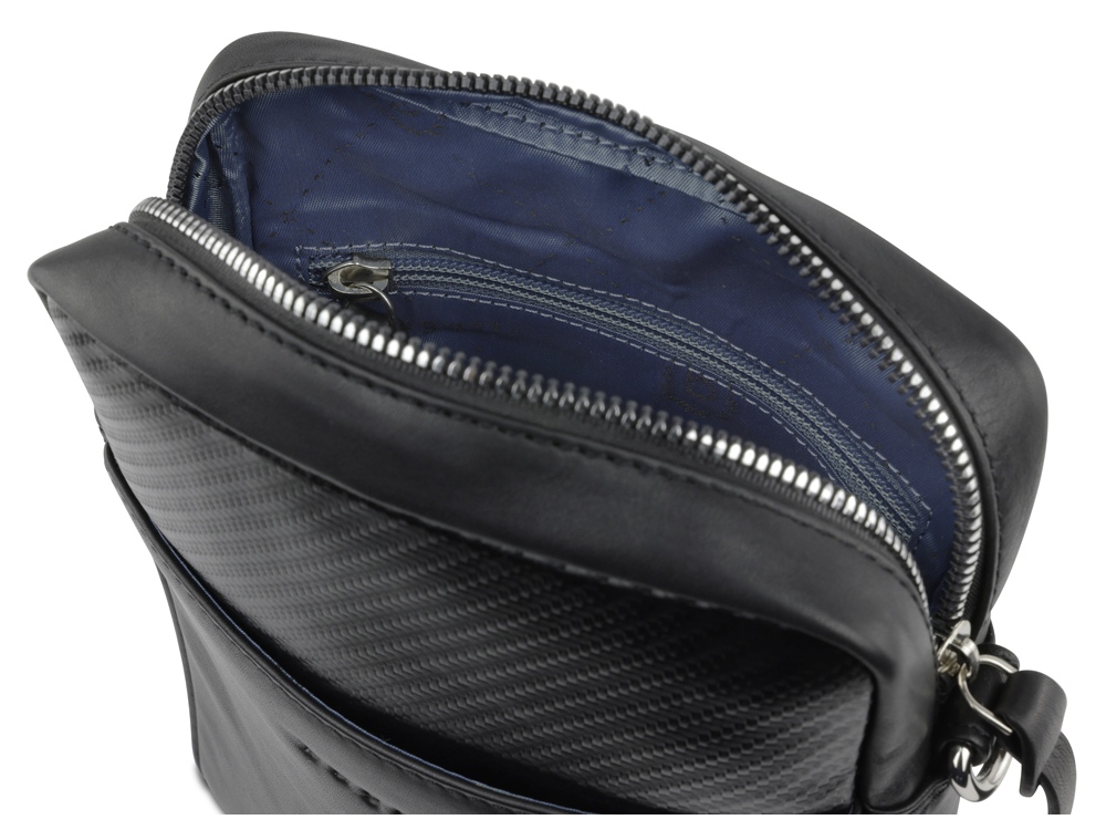 Сумка наплечная мужская BUGATTI КОМЕТА | COMET, чёрная, воловья кожа/полиэстер, 17х4,7х21 см