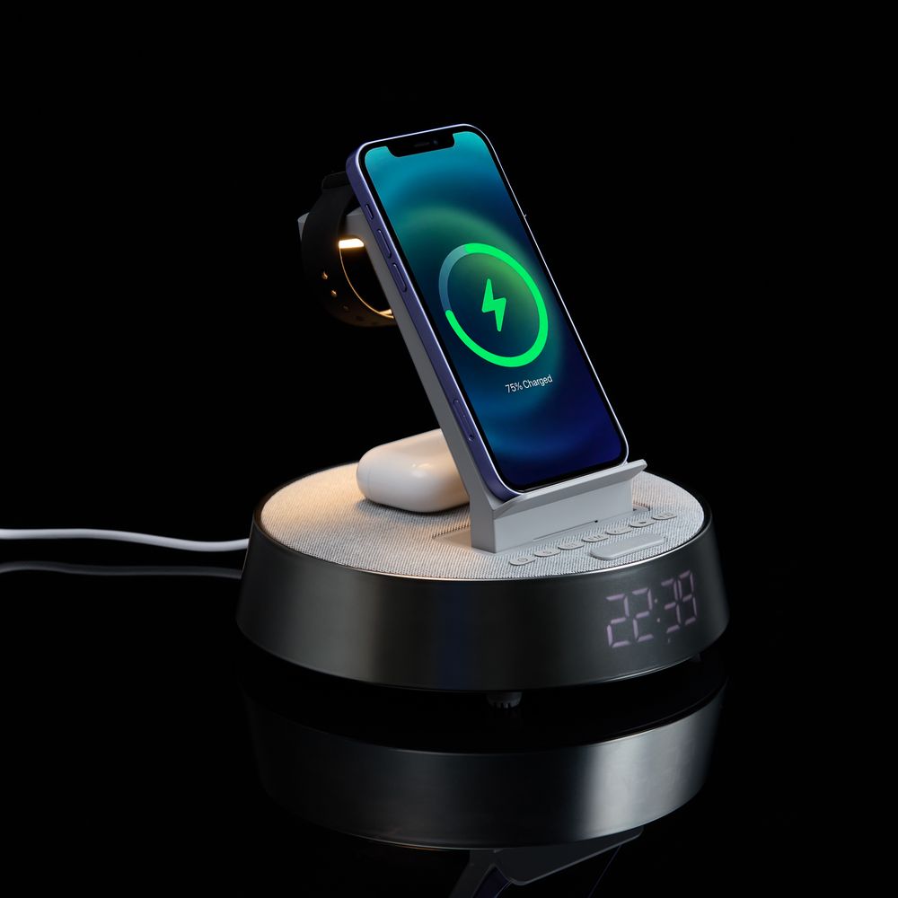 Bluetooth-колонка с беспроводной зарядкой и часами netEnergy