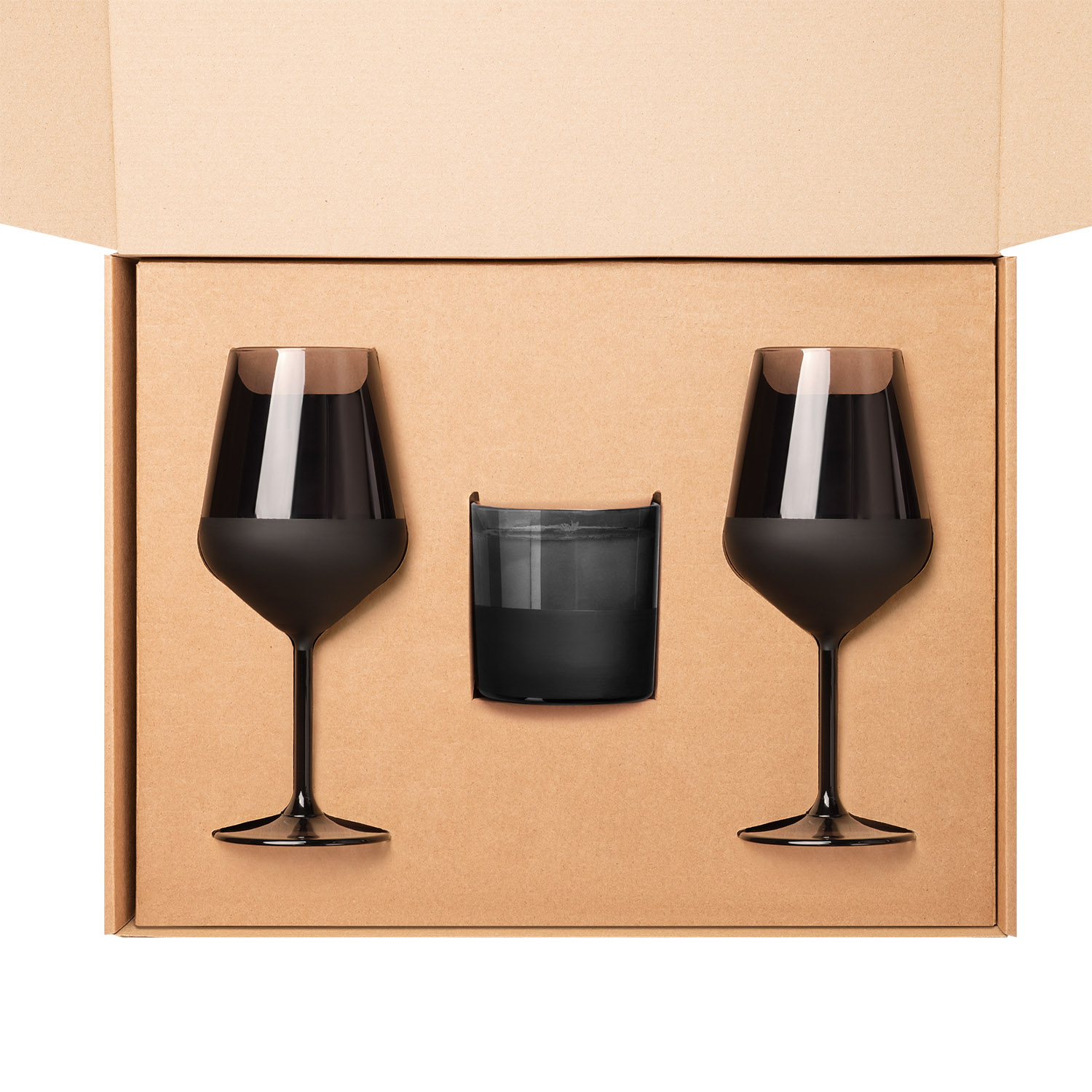 Доп. Ложемент НИЖНИЙ под свечу + 2 бокала для вина в большую универсальную коробку, крафт (арт. 21005.020) — пример нанесения логотипа (Portobello подарочная упаковка) | Print Logo