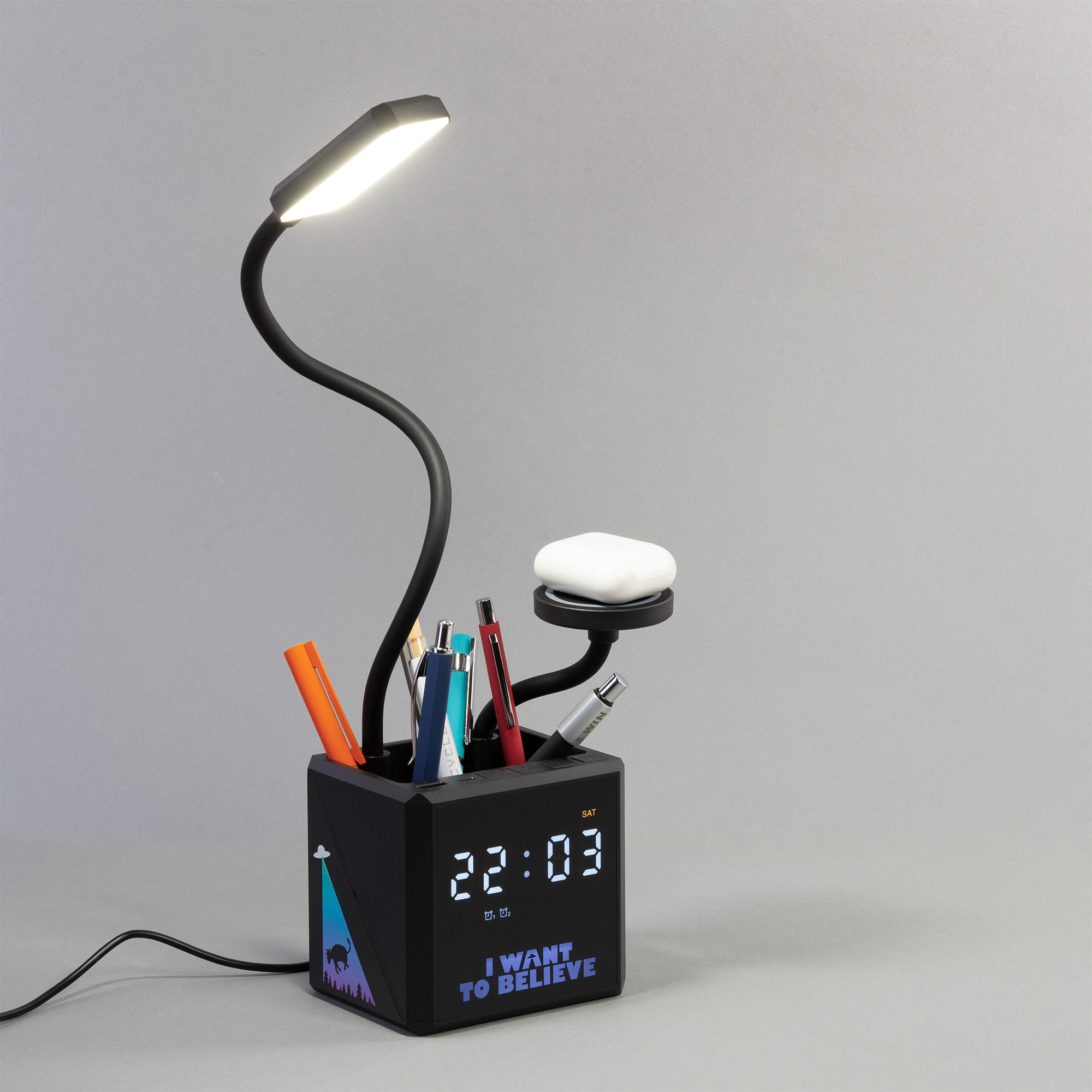 Лампа "Smart Flex" с беспроводным 3в1 (15W) ЗУ с MagSafe, часами, карандашницей и подсветкой логотипа фото на сайте Print Logo.